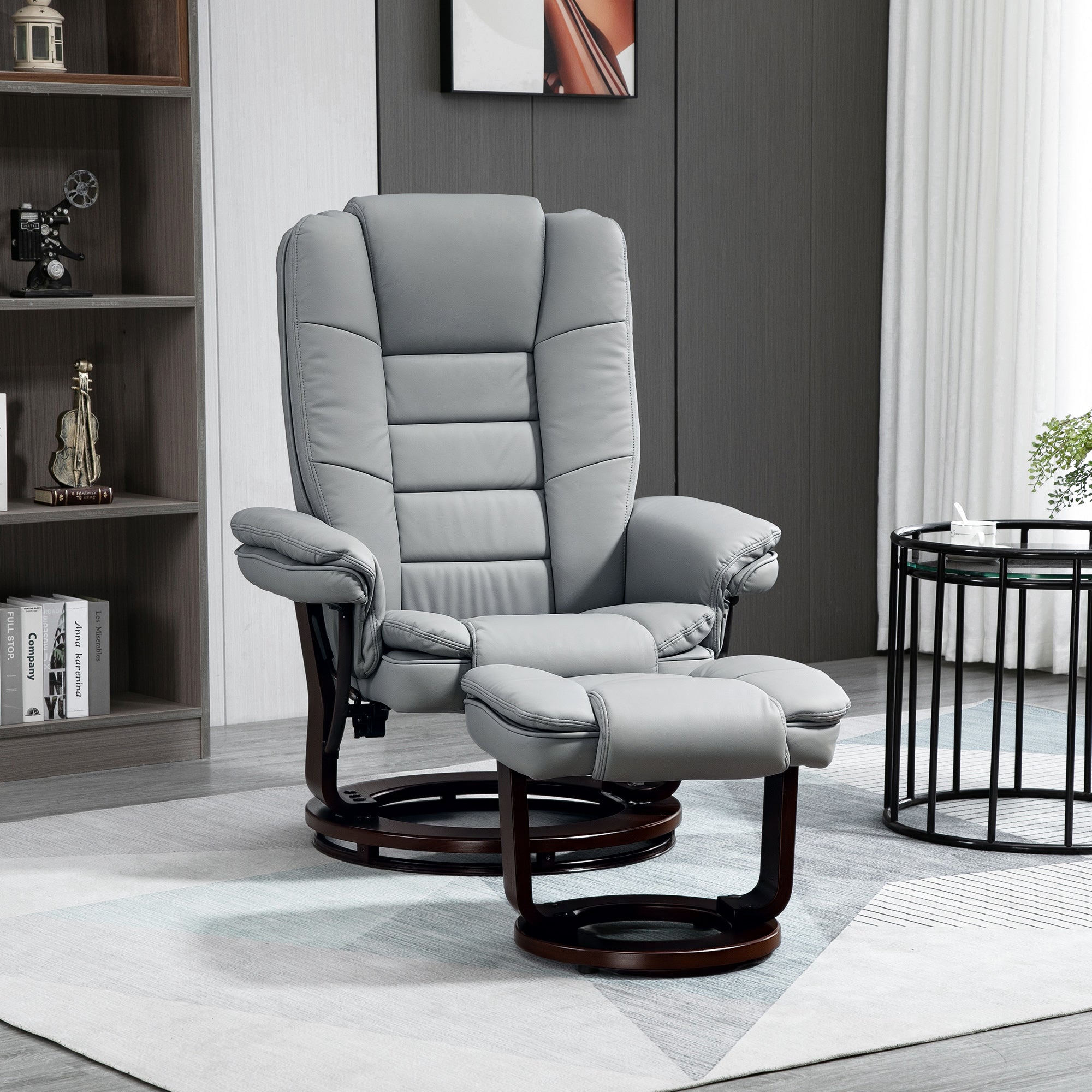 HOMCOM Recliner Chair With footstool, Recliner Armchair up to 130kg Weight Capacity, 135 Reclining Swivel Sofa Chair, PU Leather Ergonomic Couch Bed with Swivel Wood Base for Living Room, Grey