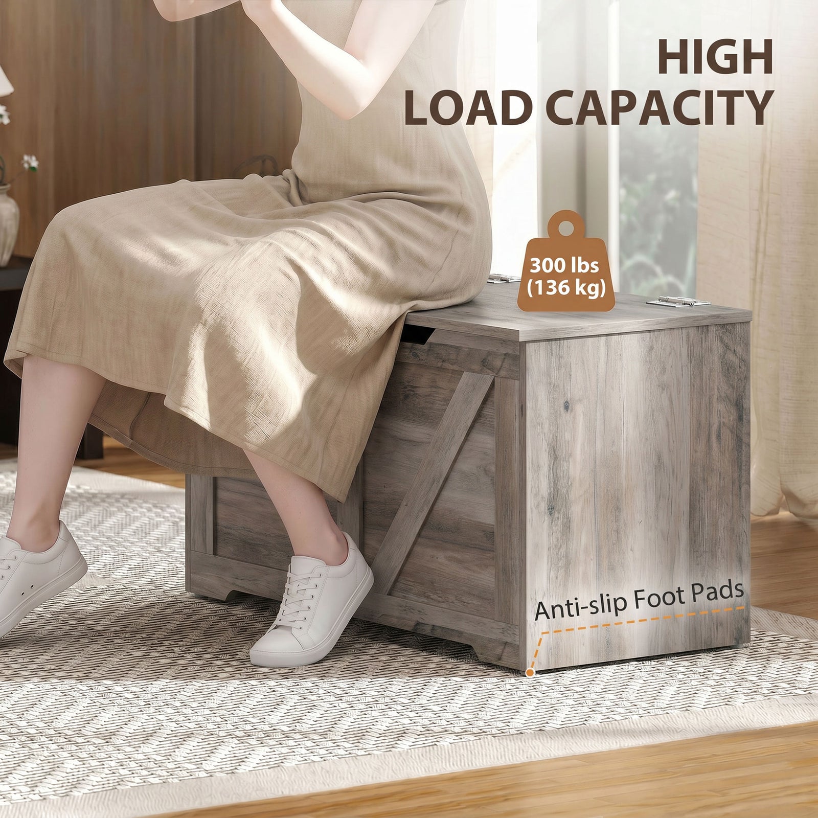 HOMCOM 100L Home Storage Box, with Safety Hinge - Grey Wood-Effect
