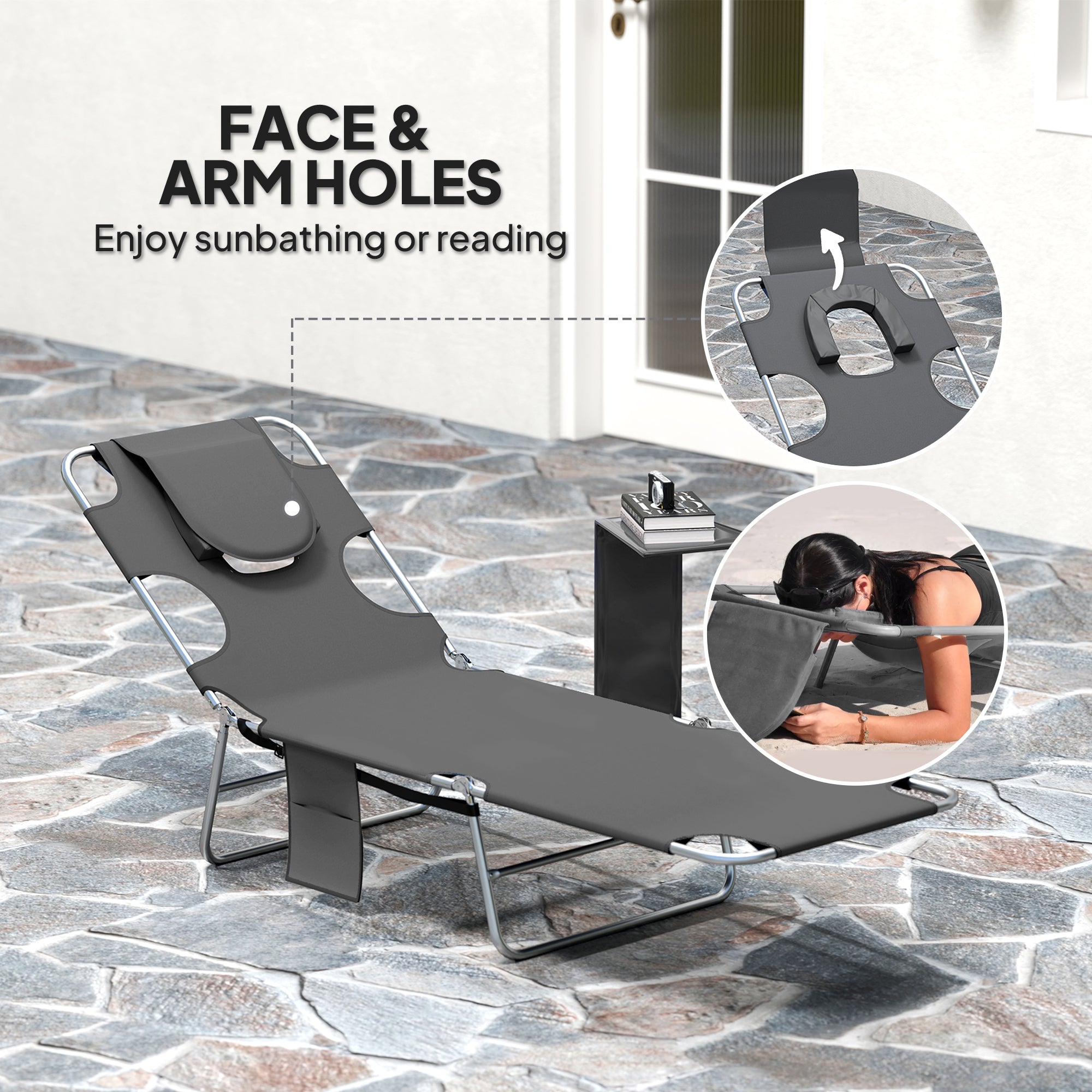 Outsunny Foldable Sun Lounger Set of 2, Beach Chaise Lounge with Reading Hole, Arm Slots, 5-Position Adjustable Backrest, Side Pocket, Pillow for Garden, Beach, Pool, Dark Grey