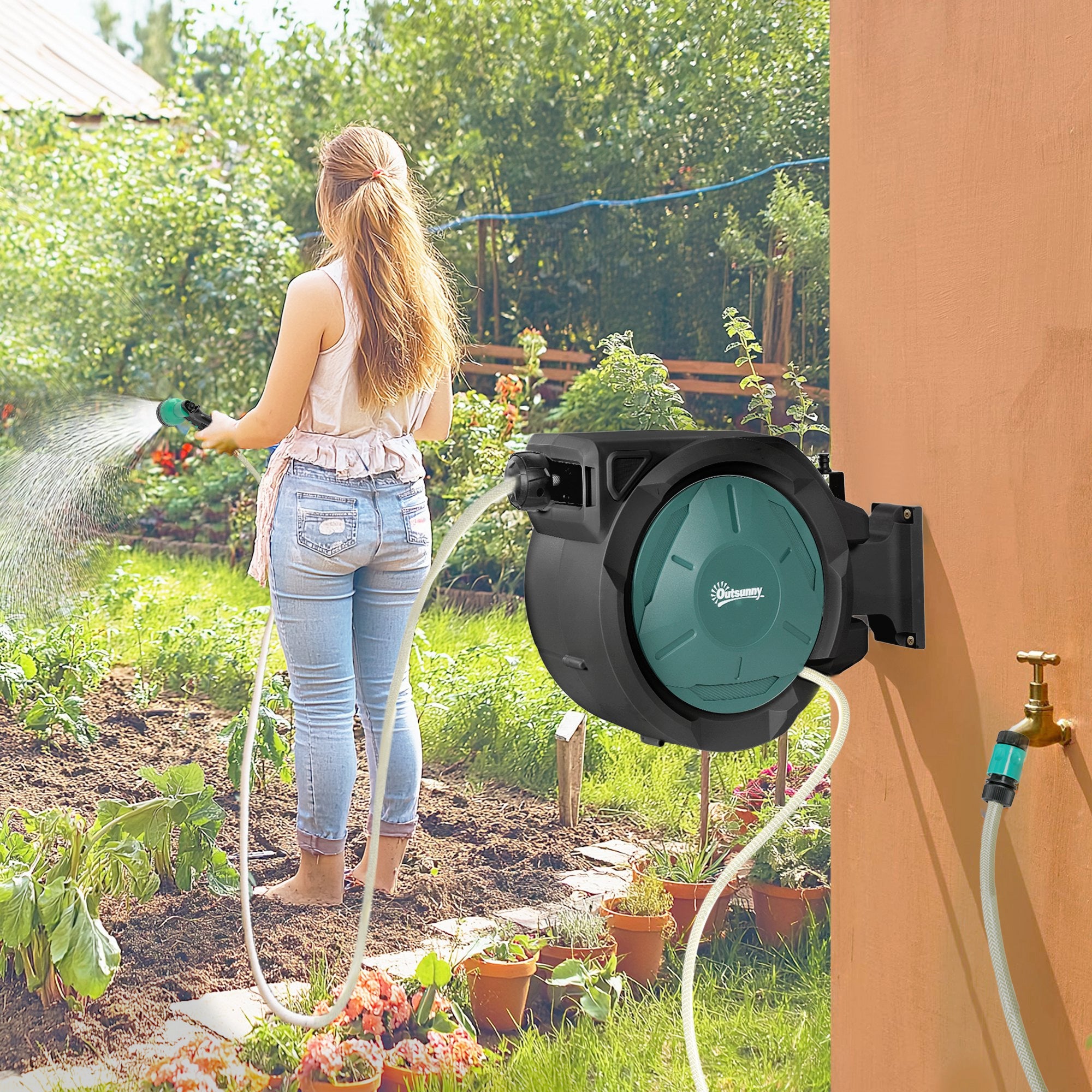 Outsunny Retractable Hose Reel Wall Mounted, 20+2m Garden Hose Pipe Reel with Lock, Auto Rewind, 7 in 1 Spray Nozzle, Includes Wall Fixings, 180Â° Swivel, Outdoor Watering, 54 x 20 x 39 cm, Black