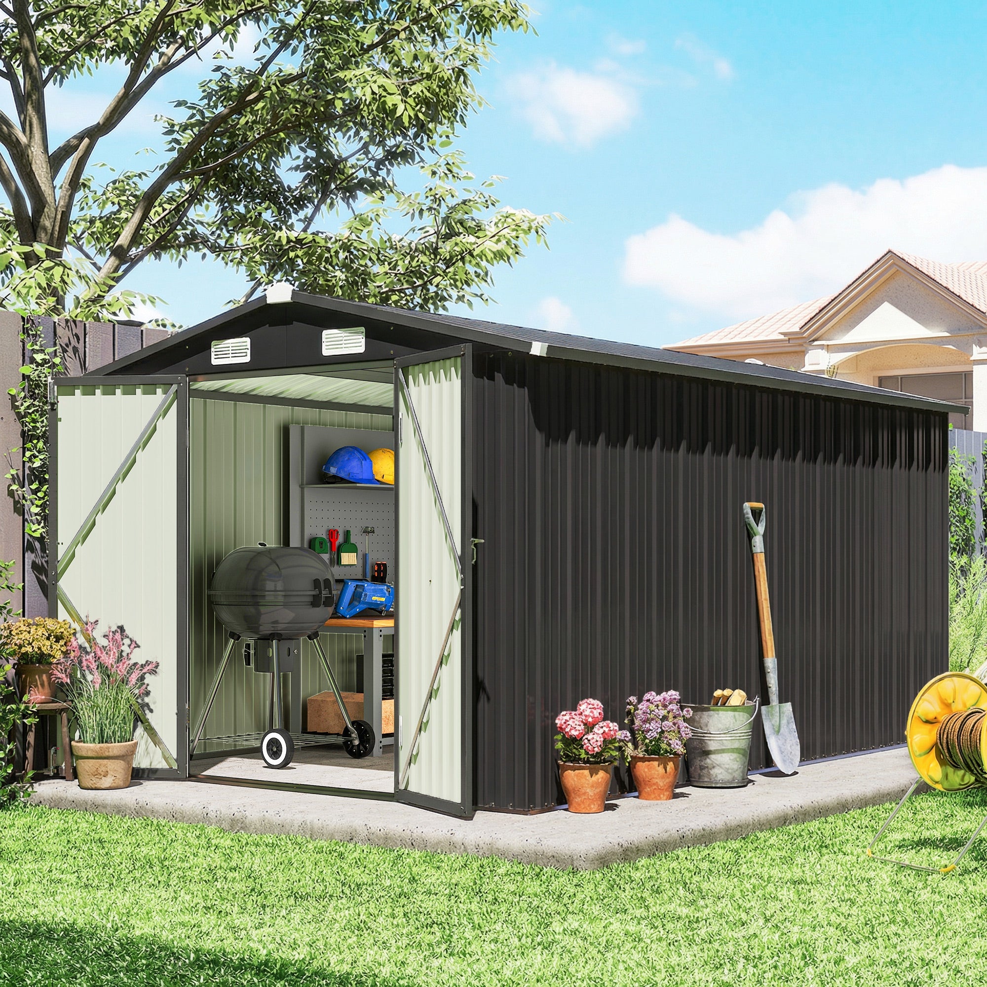 Outsunny 12 x 8 ft Garden Shed, Outdoor Storage Shed with 4 Vents and Lockable Double Doors, Dark Grey