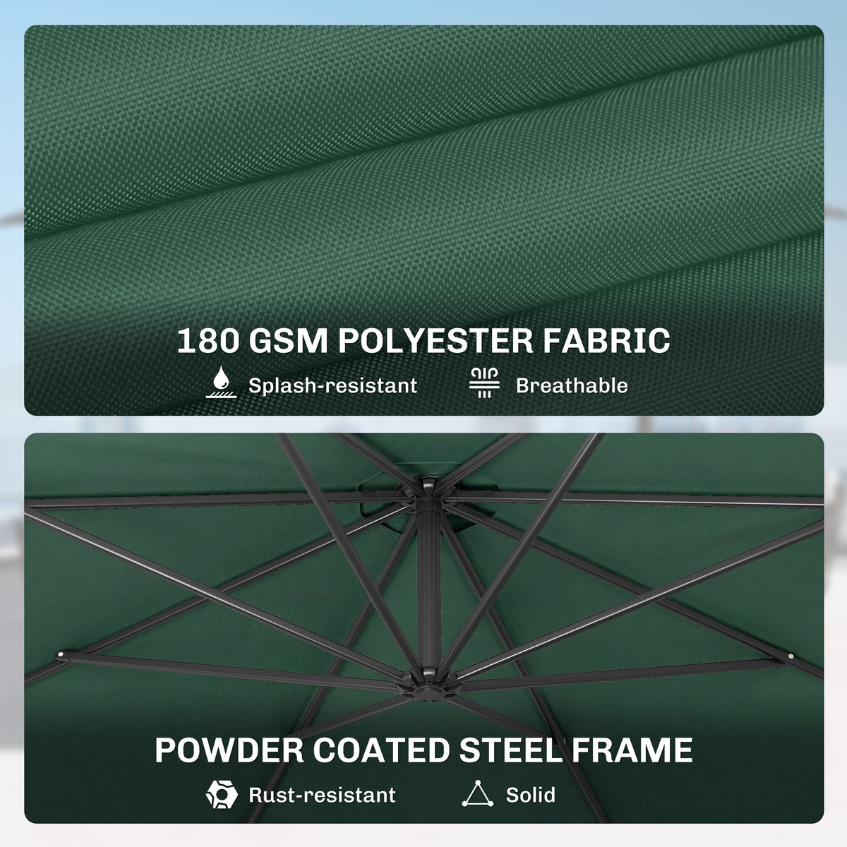 Outsunny 3 m Overhanging Cantilever Parasol, with Cross Base - Dark Green