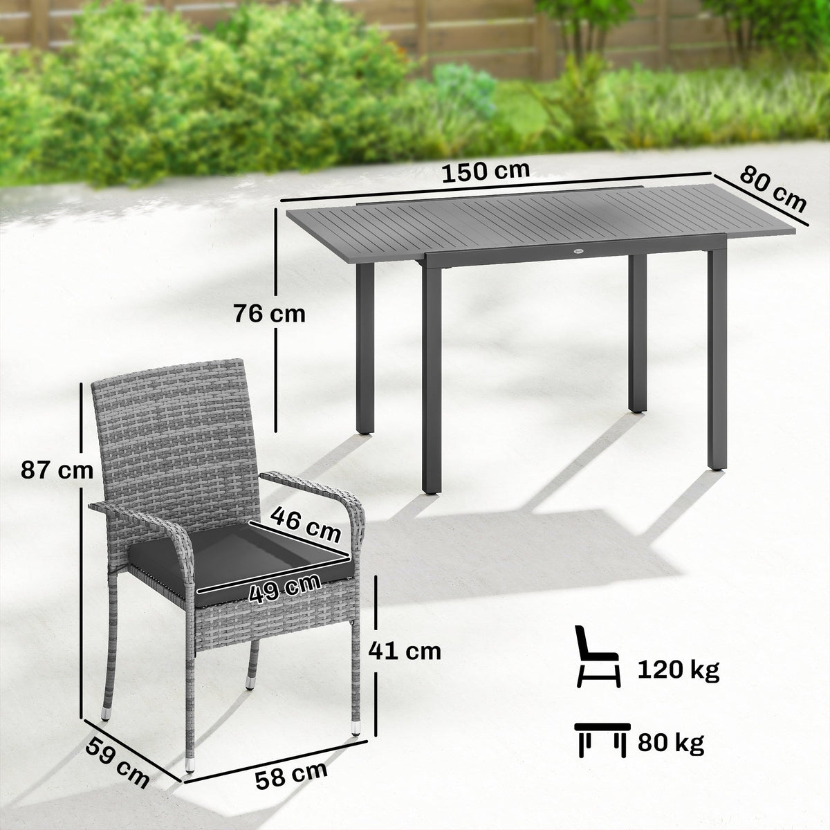 Outsunny 7 Piece Rattan Garden Furniture Set, 6 Seater Garden Table and 6 Stackable Chairs with Extendable Acacia Wood Tabletop