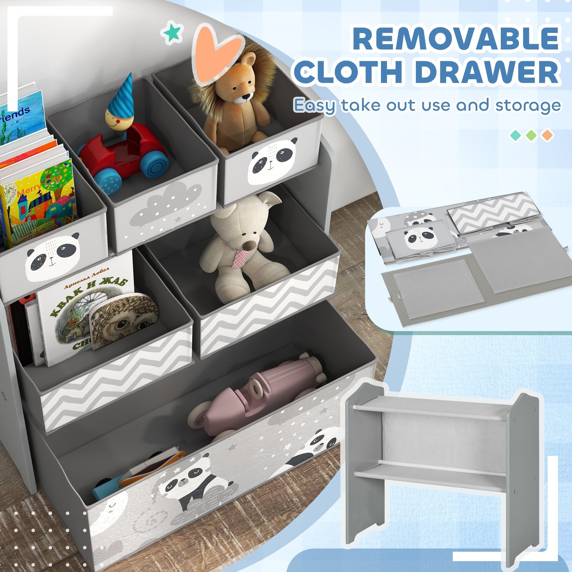 ZONEKIZ Kids Table and Chairs, Kids Storage Unit and Kids Easel Set, Cute Animal Design Kids Activity Furniture Set for Ages 3-8 Years, Grey