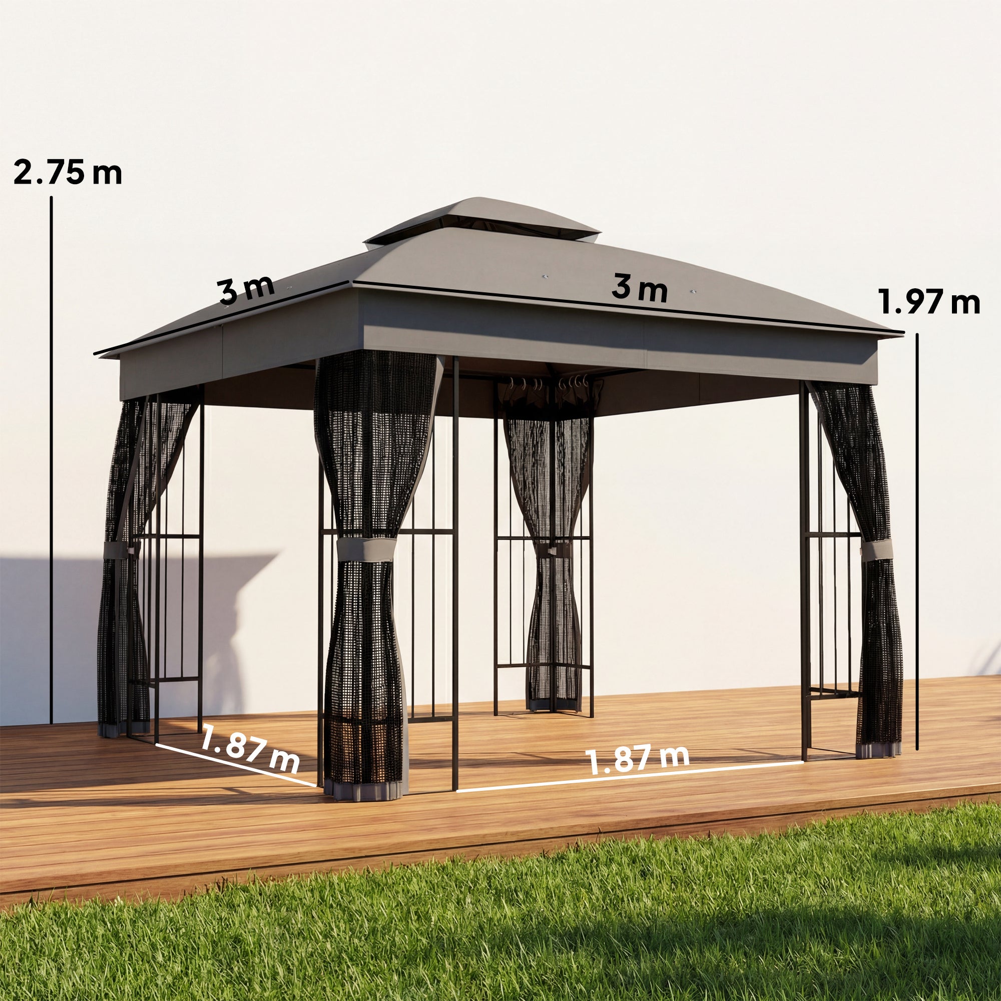 Outsunny 3 x 3 m Outdoor Garden Gazebo with Post Shelves, UPF50+ DoubleÂ Roof Patio Permanent Pavilion, Grey