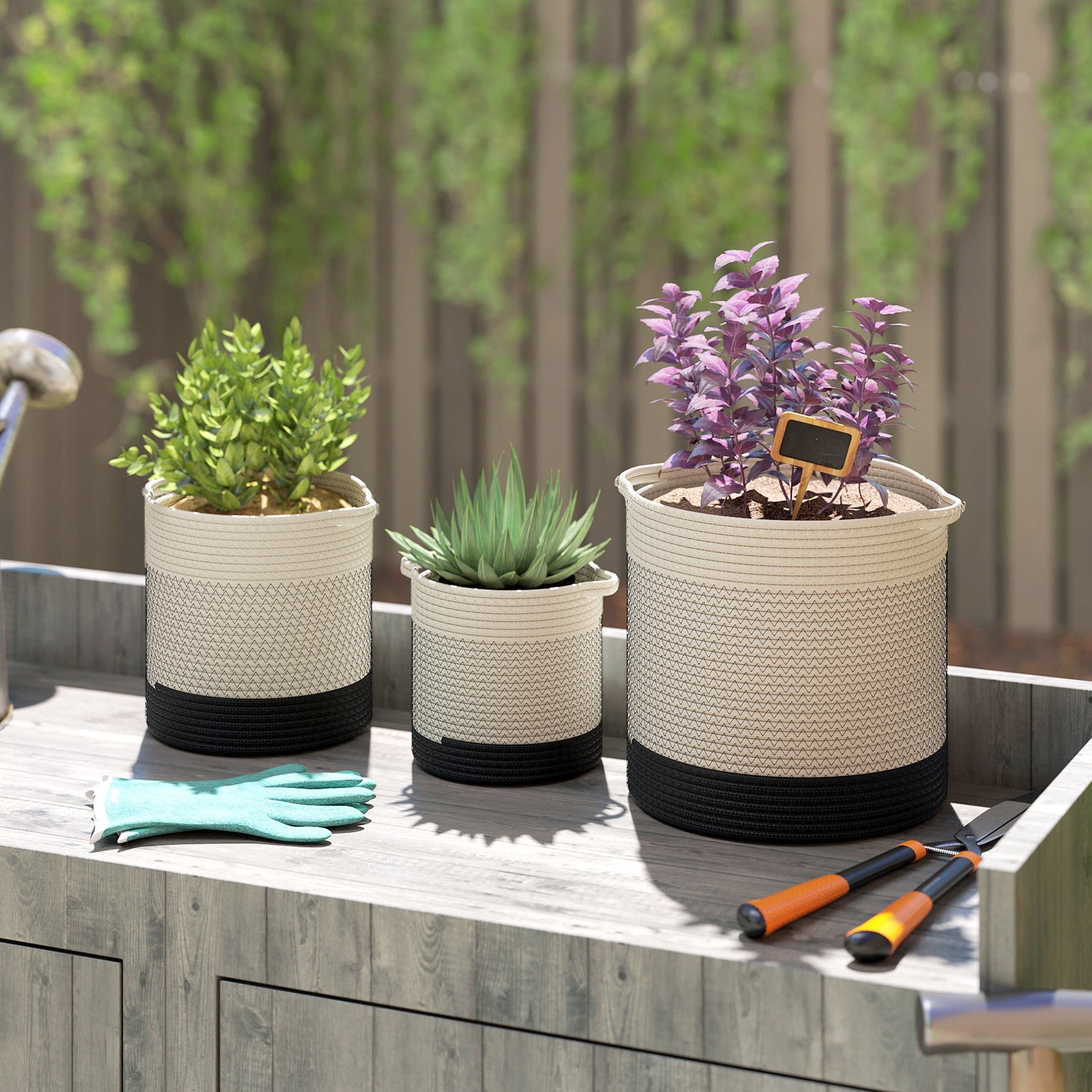 Outsunny Plant Pots Handwoven Cotton Indoor Planters with Waterproof Liner Set of 3 White