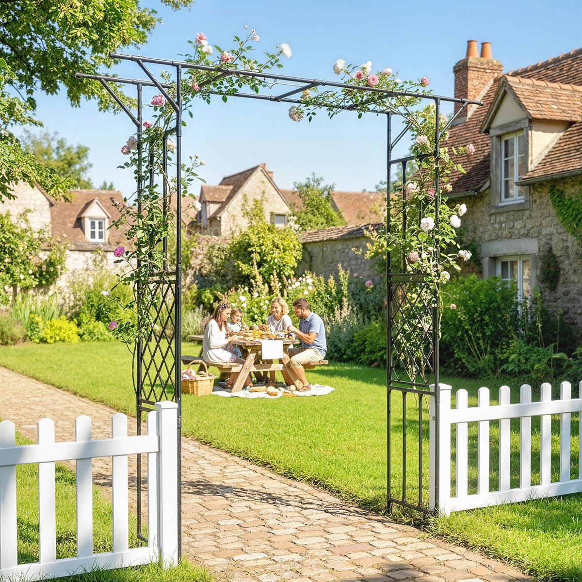 Outsunny Garden Arch, PE-Coated Steel Arbour Trellis for Climbing Plants, Rose Arch, 180 x 40 x 215 cm, Black