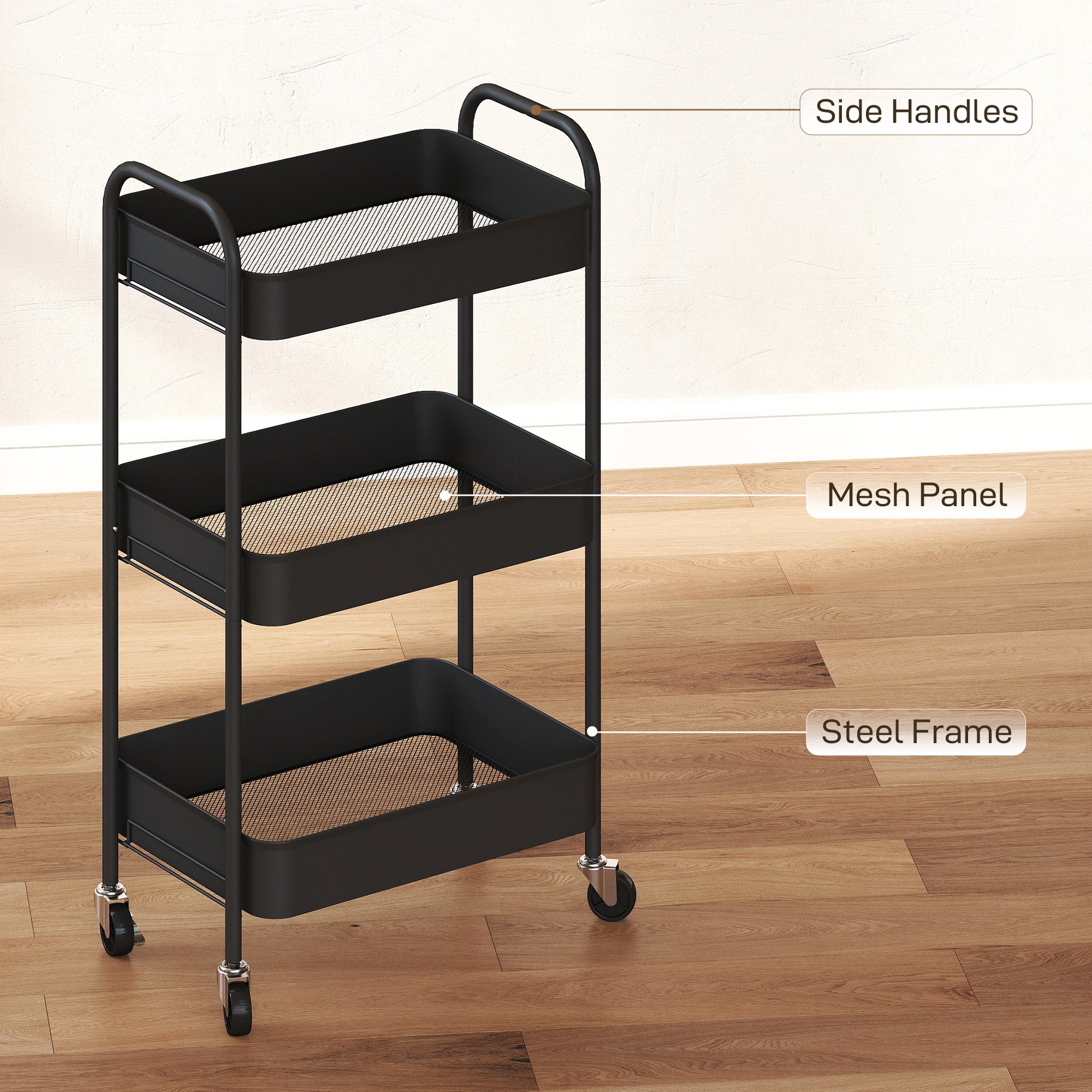HOMCOM Three-Tier Steel Storage Trolley - Black