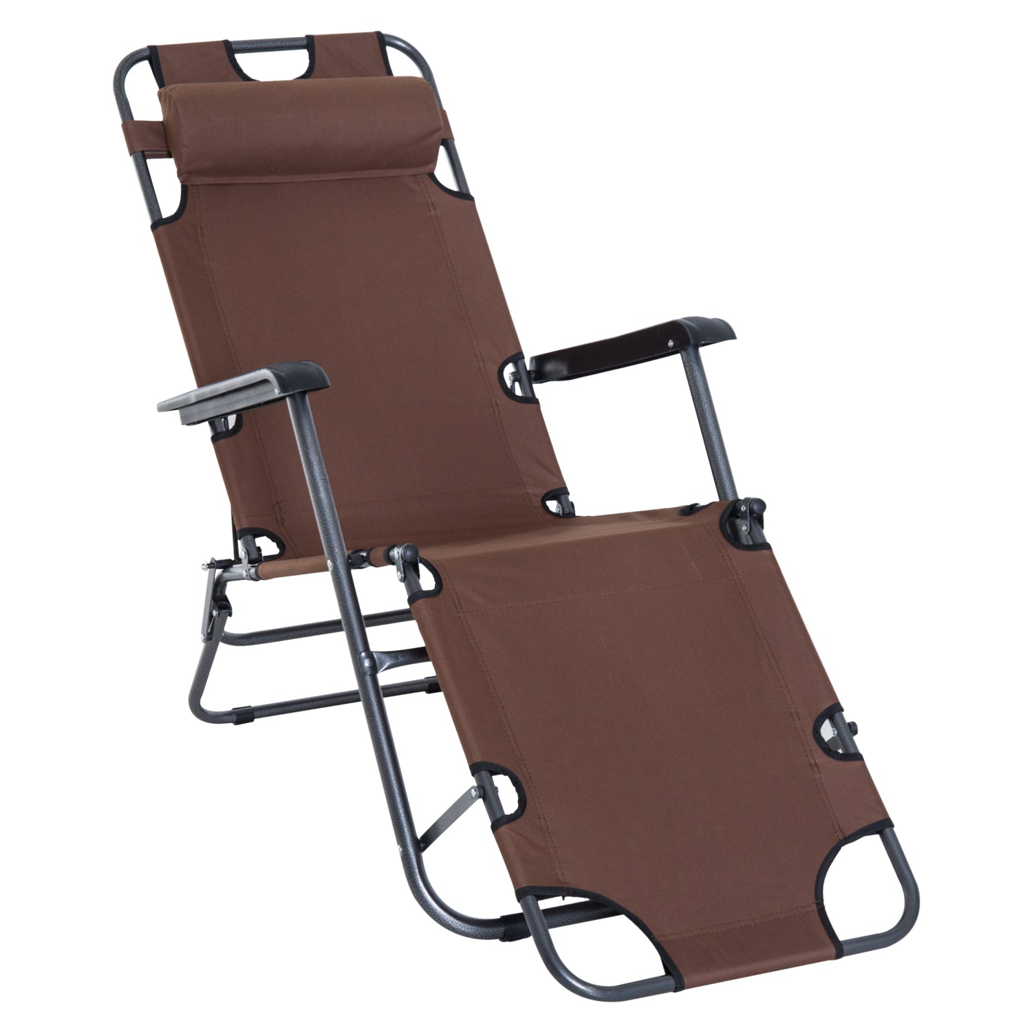 Outsunny 2 in 1 Folding Sun Lounger Reclining Garden Chair with 2-Level Adjustable Backrest, Outdoor Zero Gravity Recliner Garden Chair with Head Pillow and Armrests, Brown
