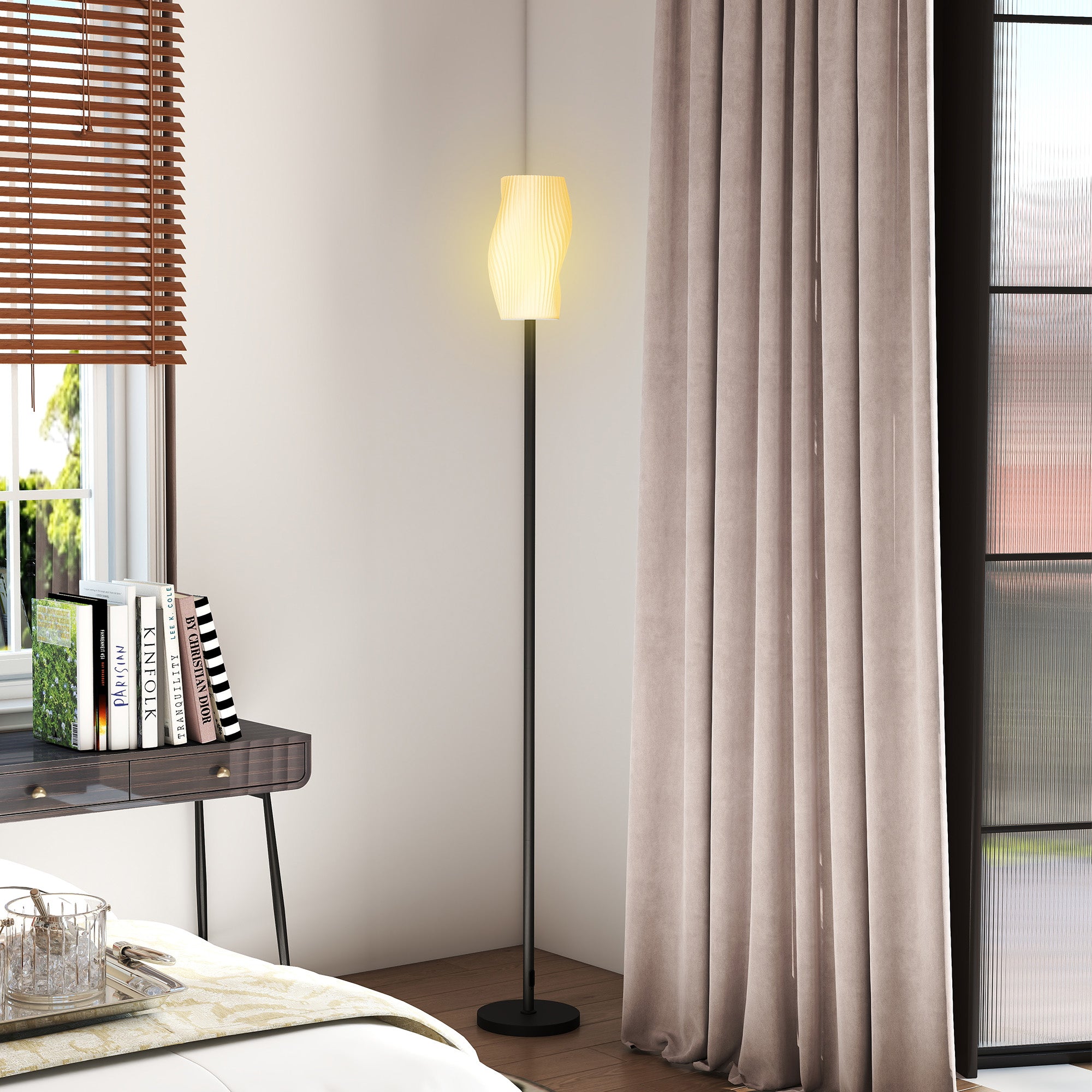 HOMCOM Floor Lamp for Living Room, 3D Printed Modern Standing Lamp with Flowing Curved Shade, 3 Colour Temperature & Foot Switch, Minimalist Tall Pole Lampshade for Bedroom, Office, White