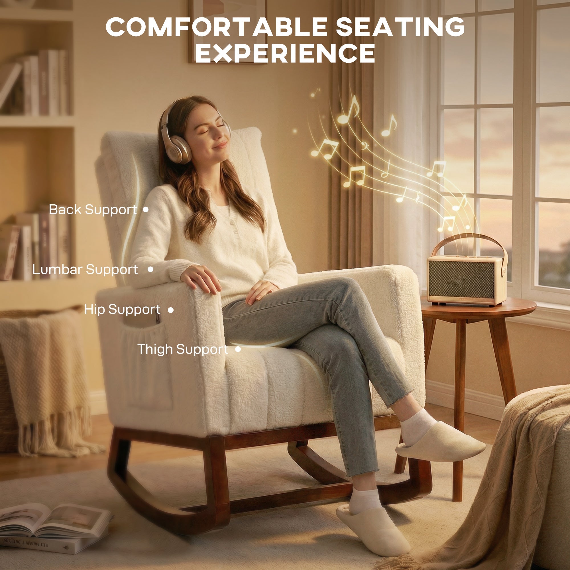 HOMCOM Rocking Chair for Adults, Lounge Rocker Chair with Lumbar Pillow, High Back, Wood Base, Side Pockets, Cream White