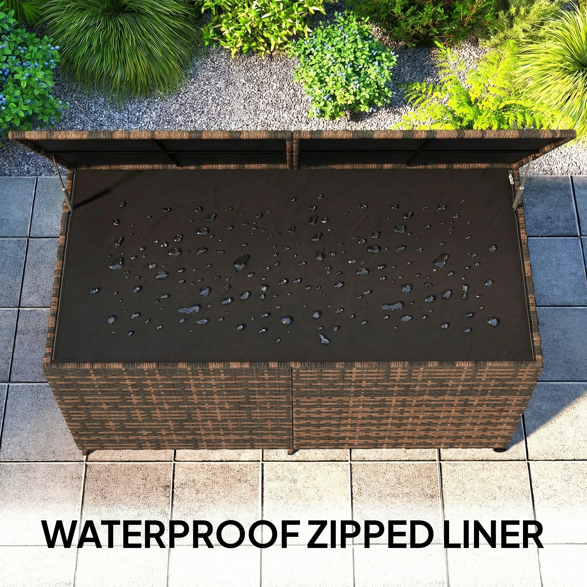 Outsunny 650L Garden Storage Box with 2 Wheels, Rattan Deck Box with Waterproof Zipped Liner, Safe Pneumatic Rods, Mixed Brown