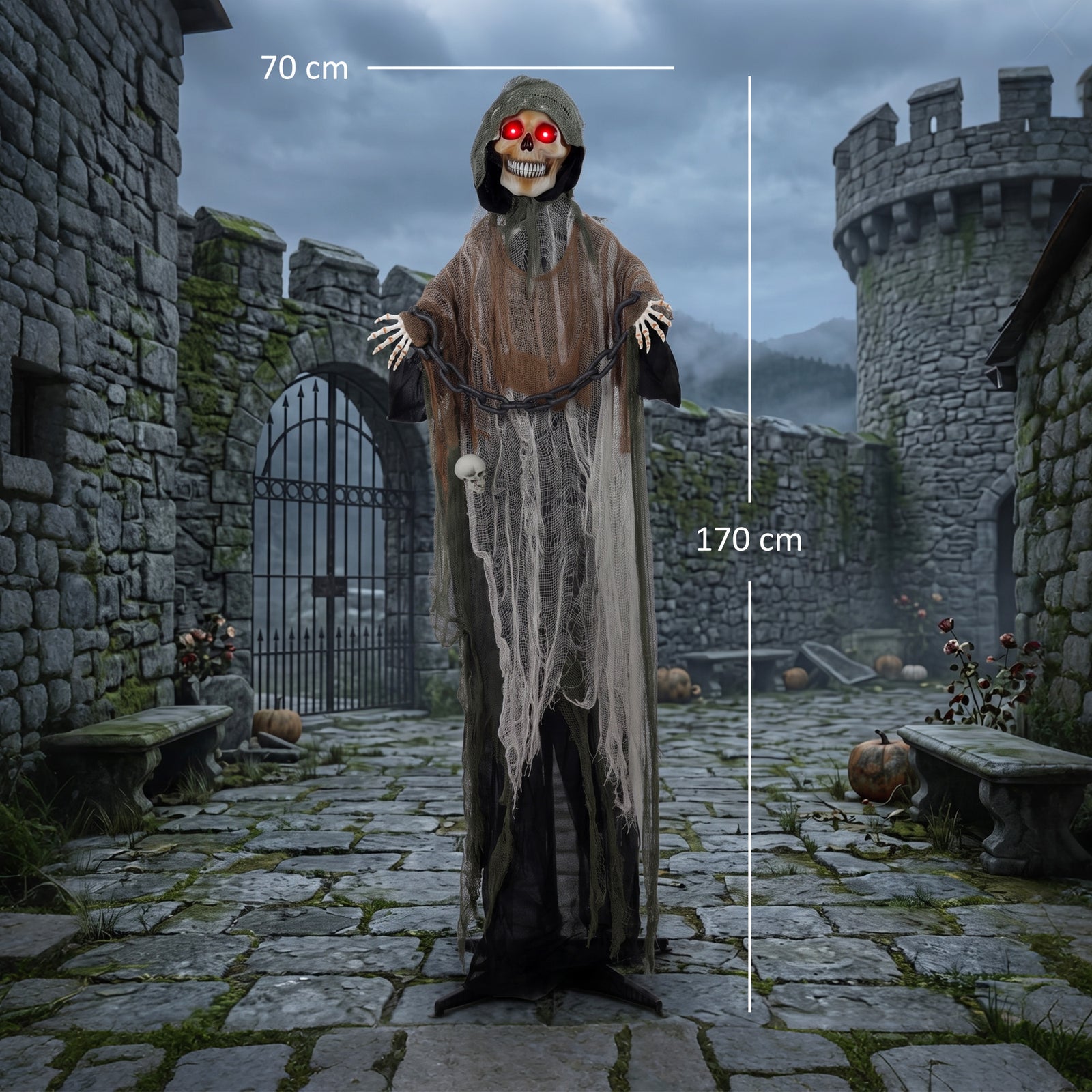HOMCOM 170cm Animated Grim Reaper, Life-Size Halloween Animatronic with Moving Hands/Head, Glowing Eyes, Creepy Sound