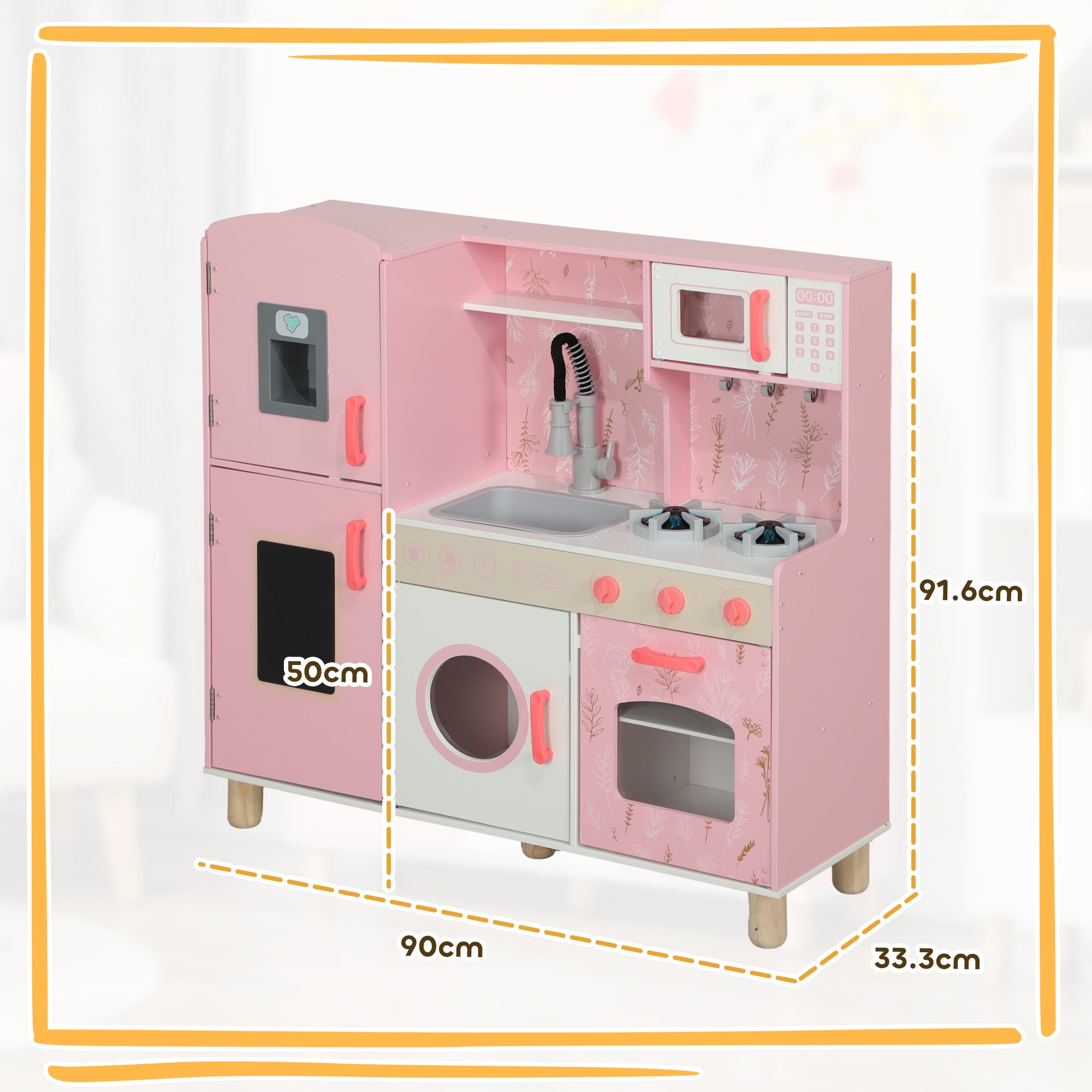 AIYAPLAY Play Kitchen, Kids Kitchen Set with Lights and Sounds, Double Stoves, Ice Maker, Chalkboard for 3+ Years, Pink