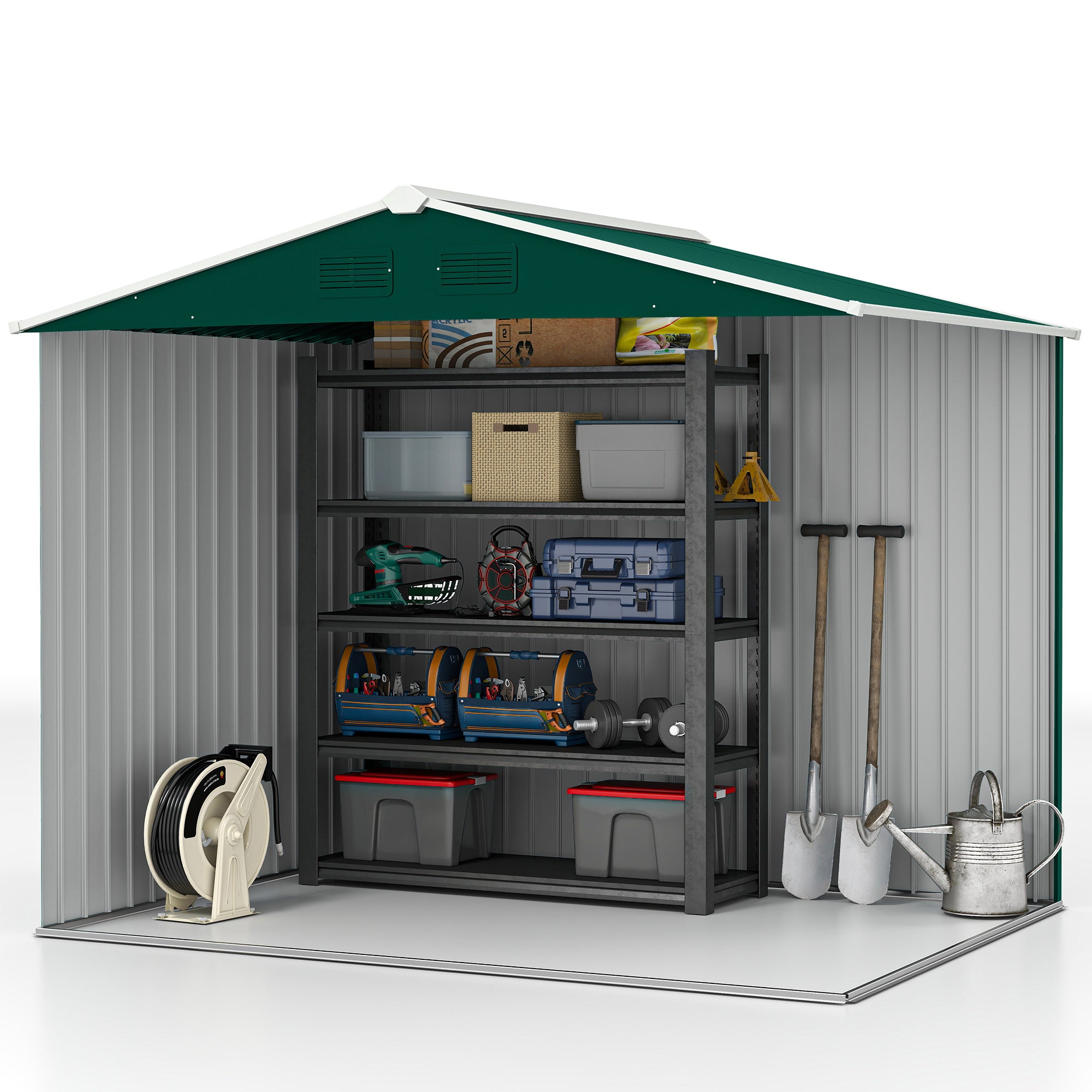 Outsunny 7.7 x 5.7ft Metal Garden Shed with Ventilation Slots and Sliding Doors, Galvanised Outdoor Tool Storage House, Green