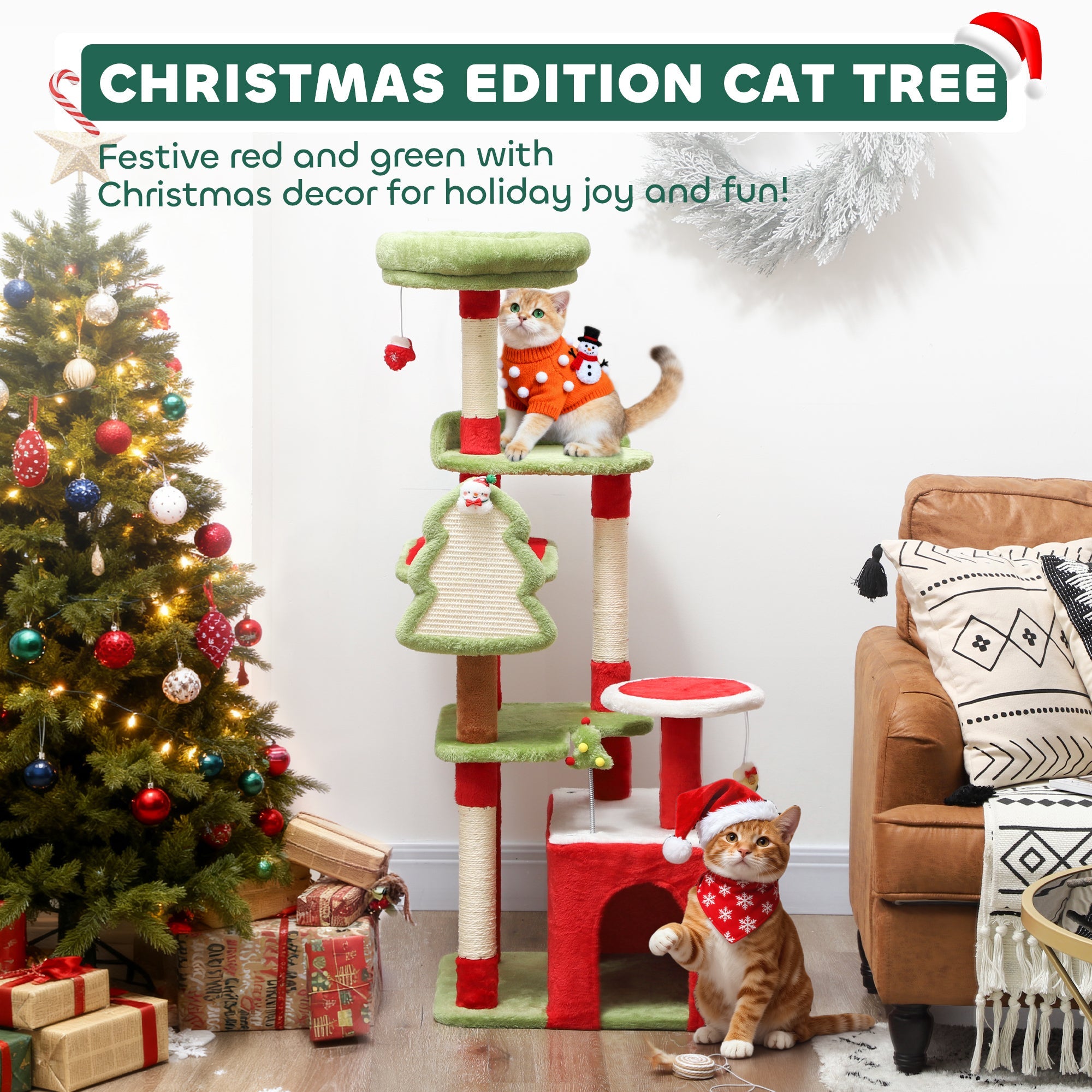 PawHut Cat Tree, 120cm Christmas Cat Tower with 3 Scratching Posts, Scratching Board, 2 Perches, Platforms, Toys, Green