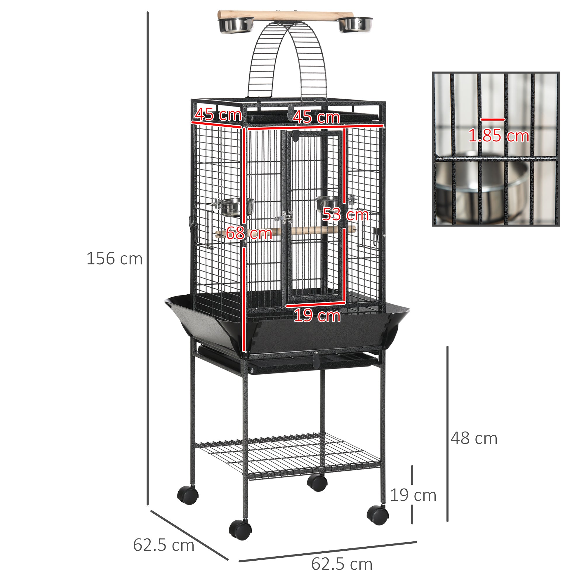 PawHut 156cm Bird Cage,Large Parrot Cage with Open Play Top, Perch, Seed Guard, Wheels, Storage Shelf, Dark Grey
