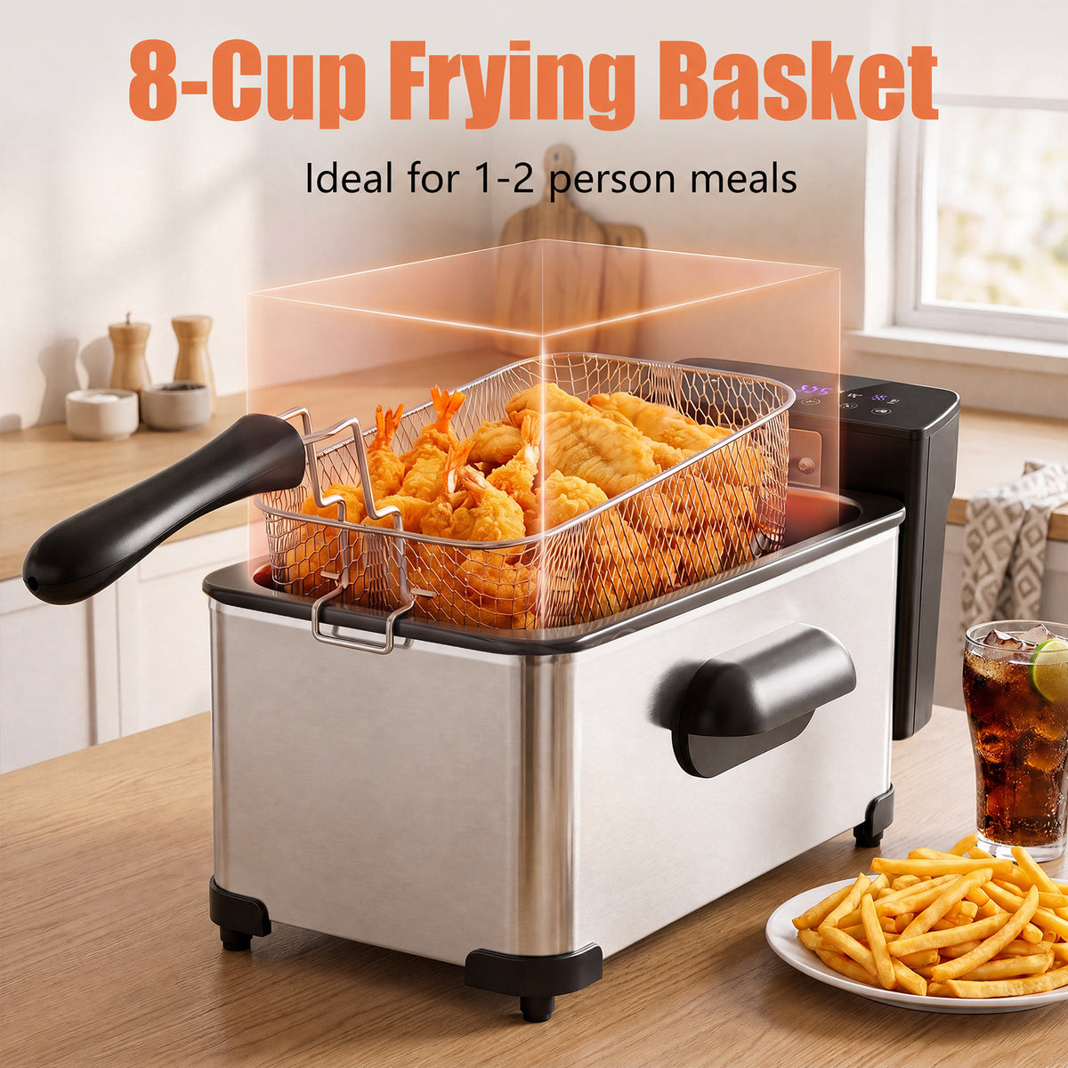 3L Electric Deep Fryer with LED Touch Screen and Viewing Window for Kitchen-Silver