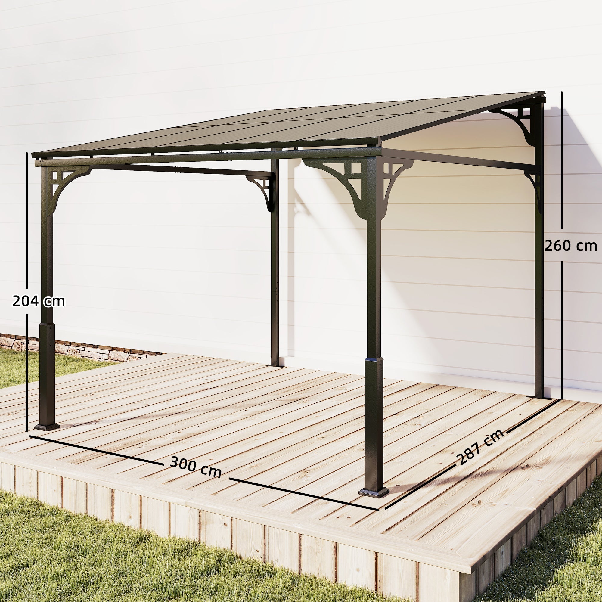 Outsunny 3 x 2.87 m Metal Lean-to Pergola, Wall-Mounted Hardtop Garden Pergola with Polycarbonate Roof and Metal-Aluminium Frame