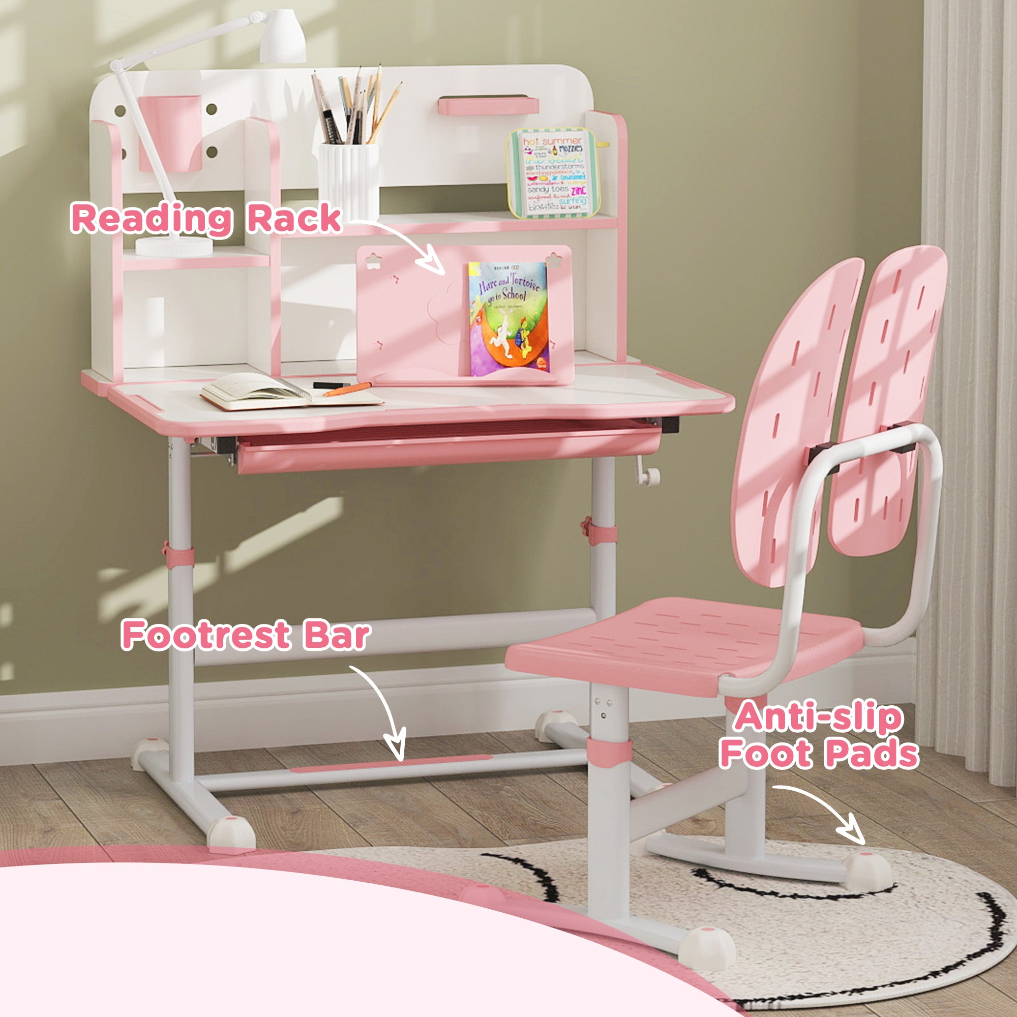 AIYAPLAY Height Adjustable Kids Desk and Chair Set, Children School Study Desk with Tiltable Desktop, Reading Rack, Pink