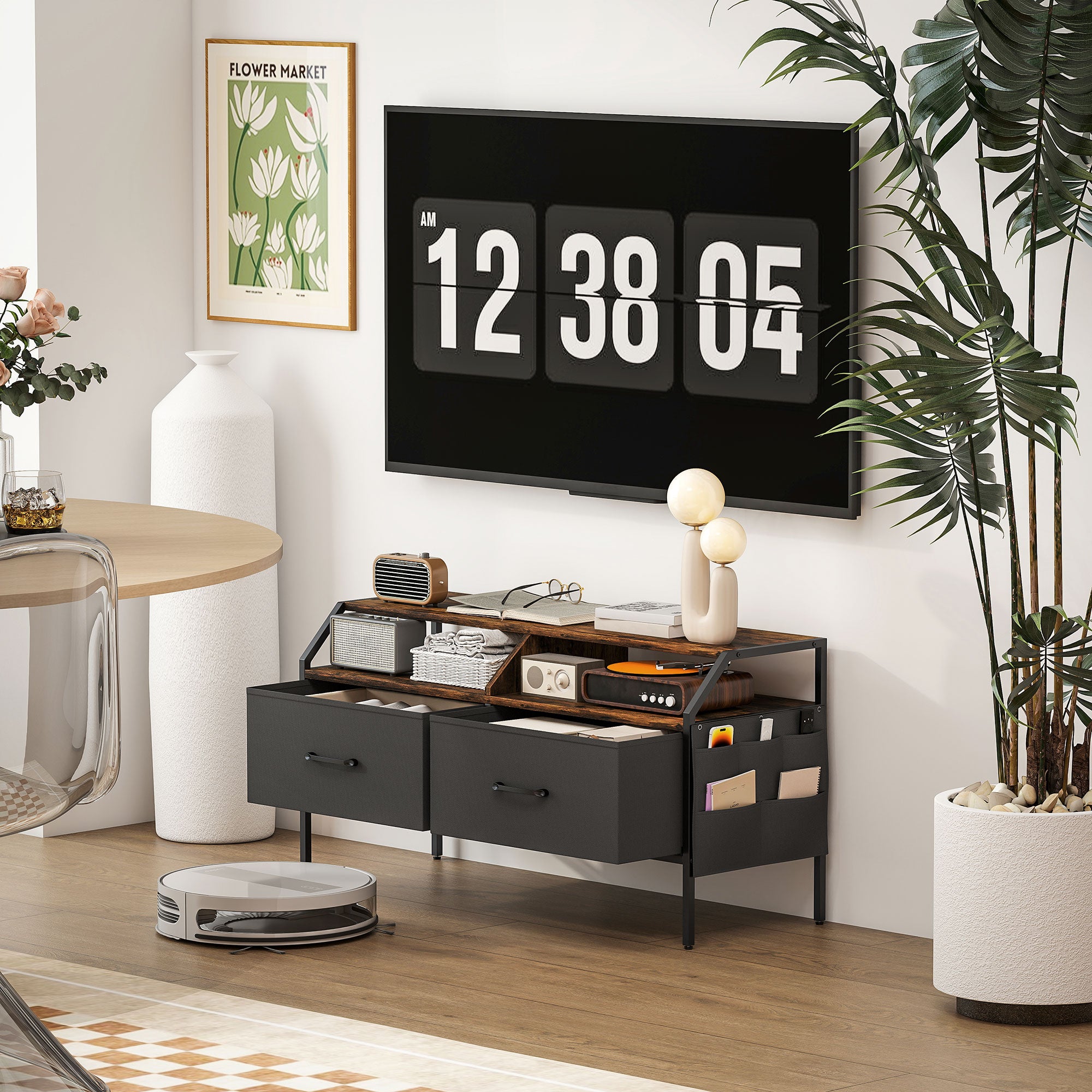 HOMCOM TV Stand Cabinet, TV Unit for 55-inch TVs with 2 Foldable Fabric Drawers, 5 Divided Side Pockets, Open Shelves, Console Table for Living Room, Bedroom, Entertainment Room, Rustic Brown