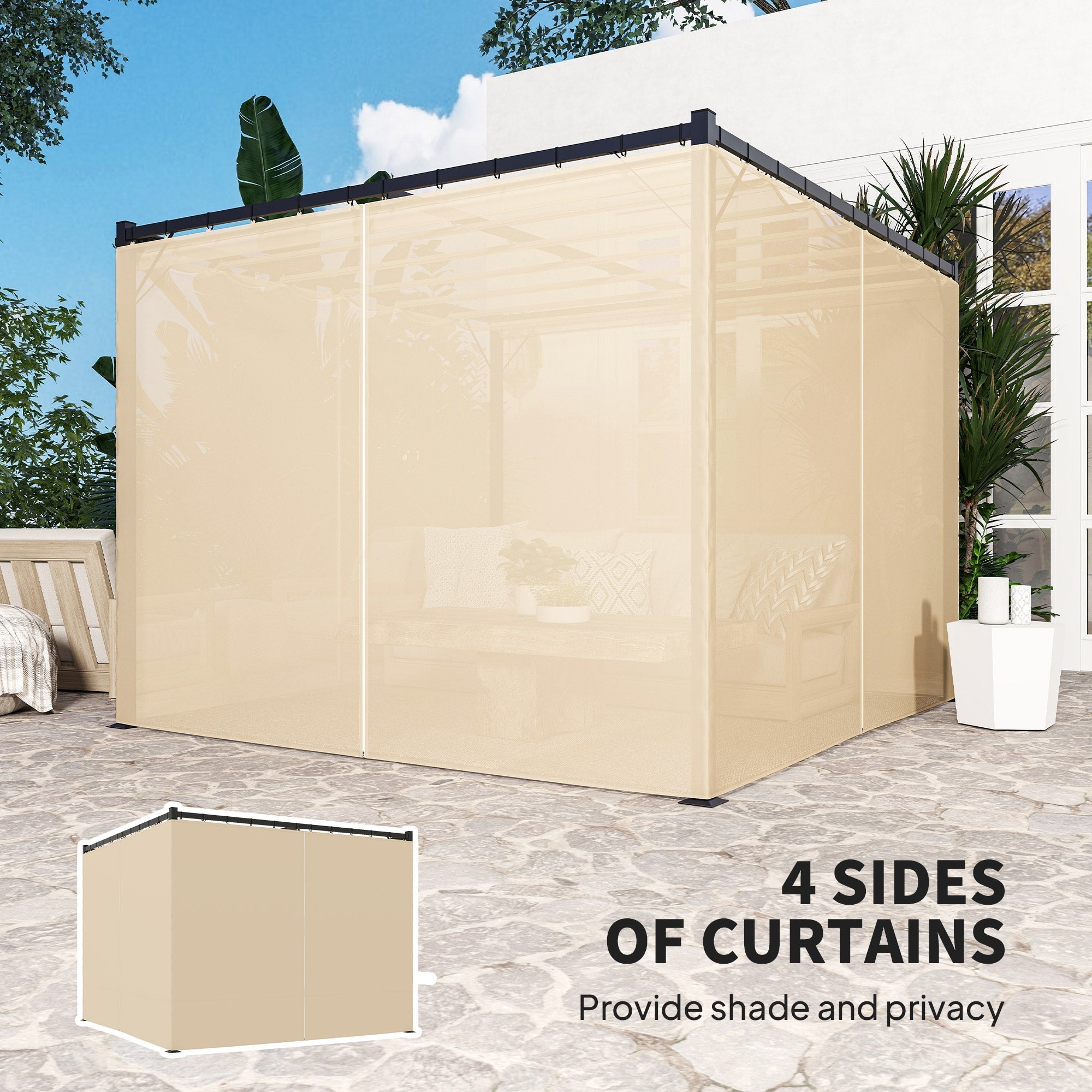 Outsunny 3 x 3(m) Retractable Pergola, Garden Gazebo Shelter with Curtains, for Grill, Patio, Deck, Beige