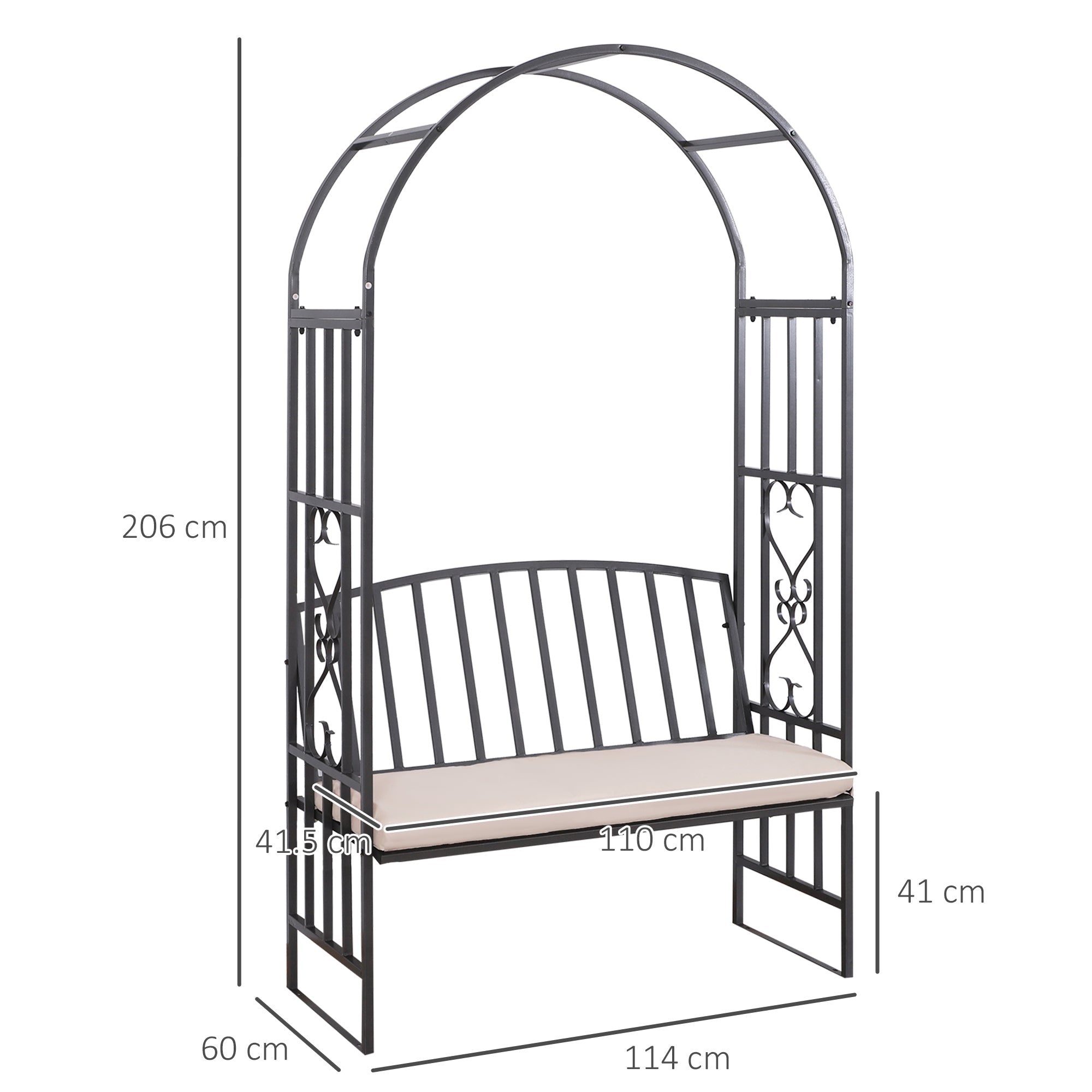 Outsunny Metal Frame Bench W/Arch, 114Lx60Wx206H cm-Grey