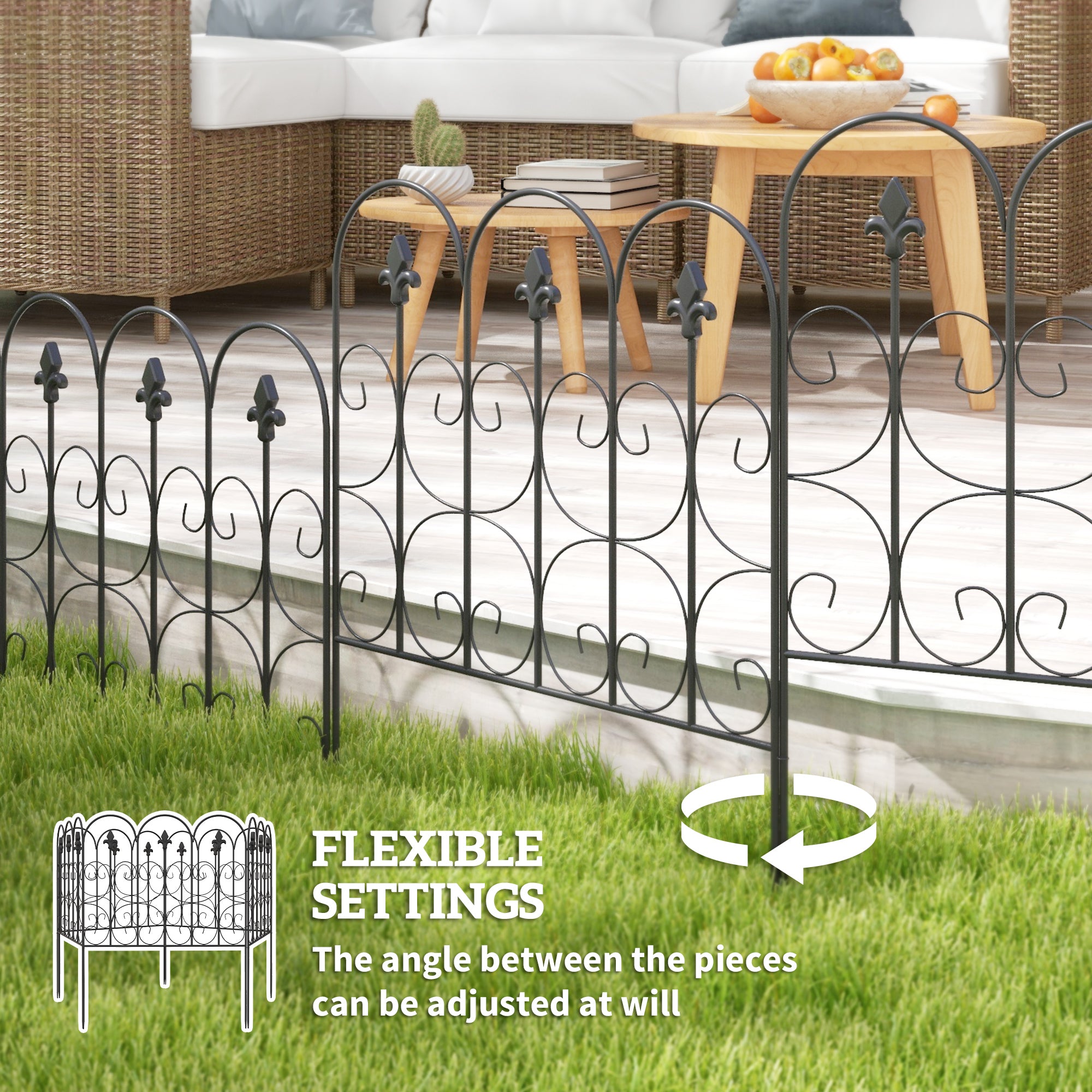 Outsunny Decorative Garden Fencing, 83cm (H) x 3m (L) 5PCs Outdoor Picket Fence Panels, Rustproof Metal Wire Landscape Flower Bed Border Edging Animal Barrier, Black