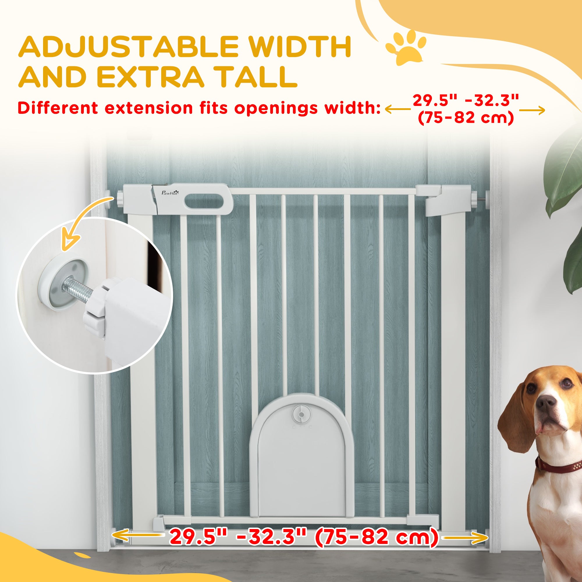 PawHut 75-82cm Pet Safet Gaye, Pressure Fit Stair, with Cat Flap, Double Locking, White