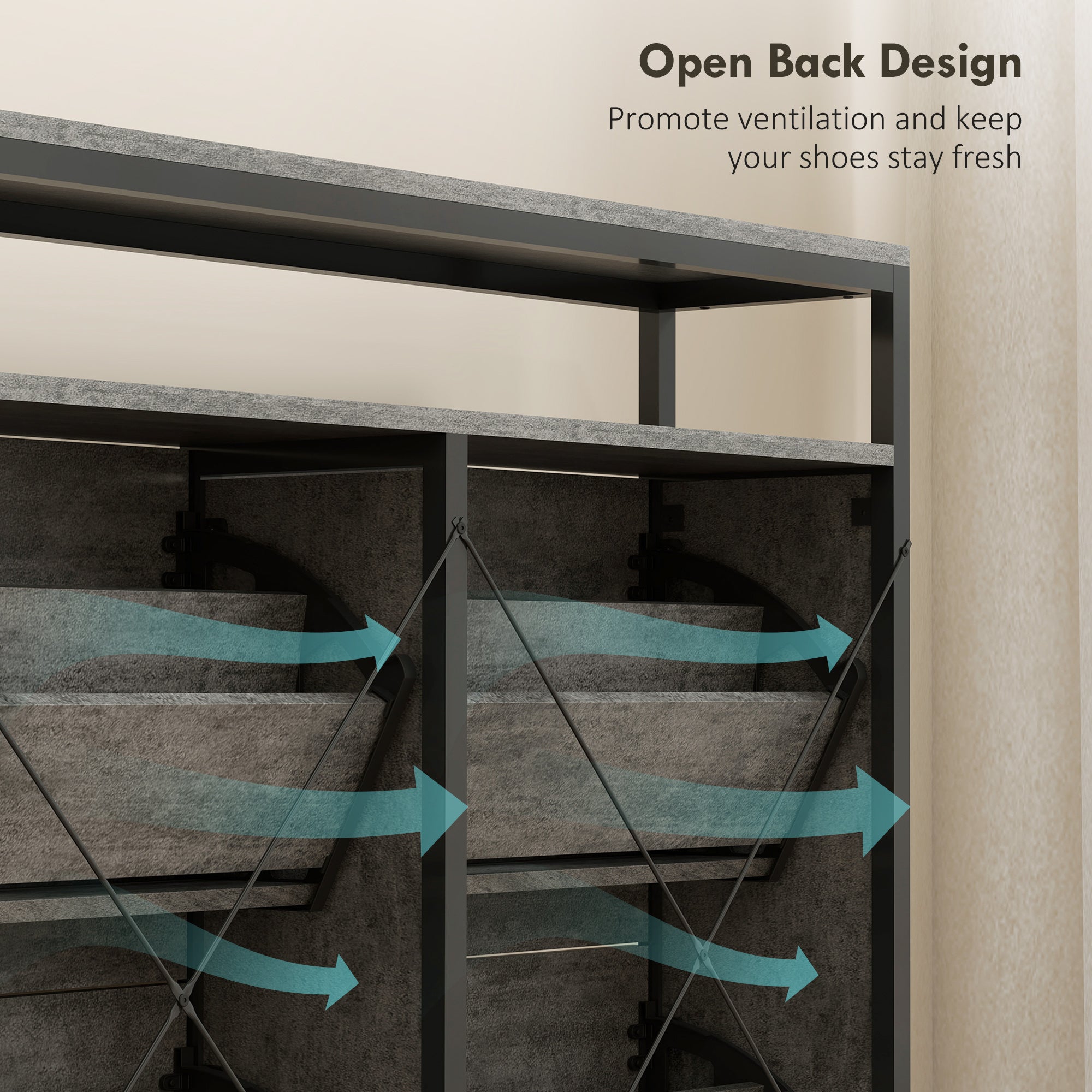 HOMCOM Shoe Storage Cabinet with 4 Flip Drawers and Open Shelf - Cement Grey