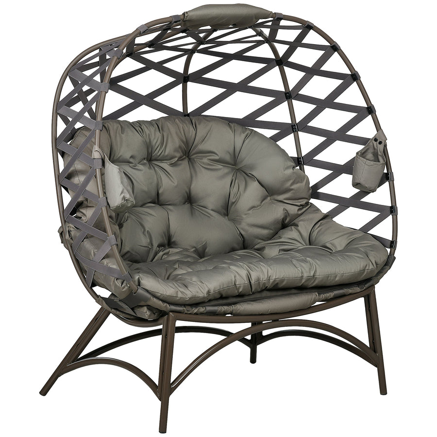 Outsunny 2 Seater Egg Chair Outdoor, Folding Weave Garden Furniture Chair with Cushion, Cup Pockets - Sand Brown