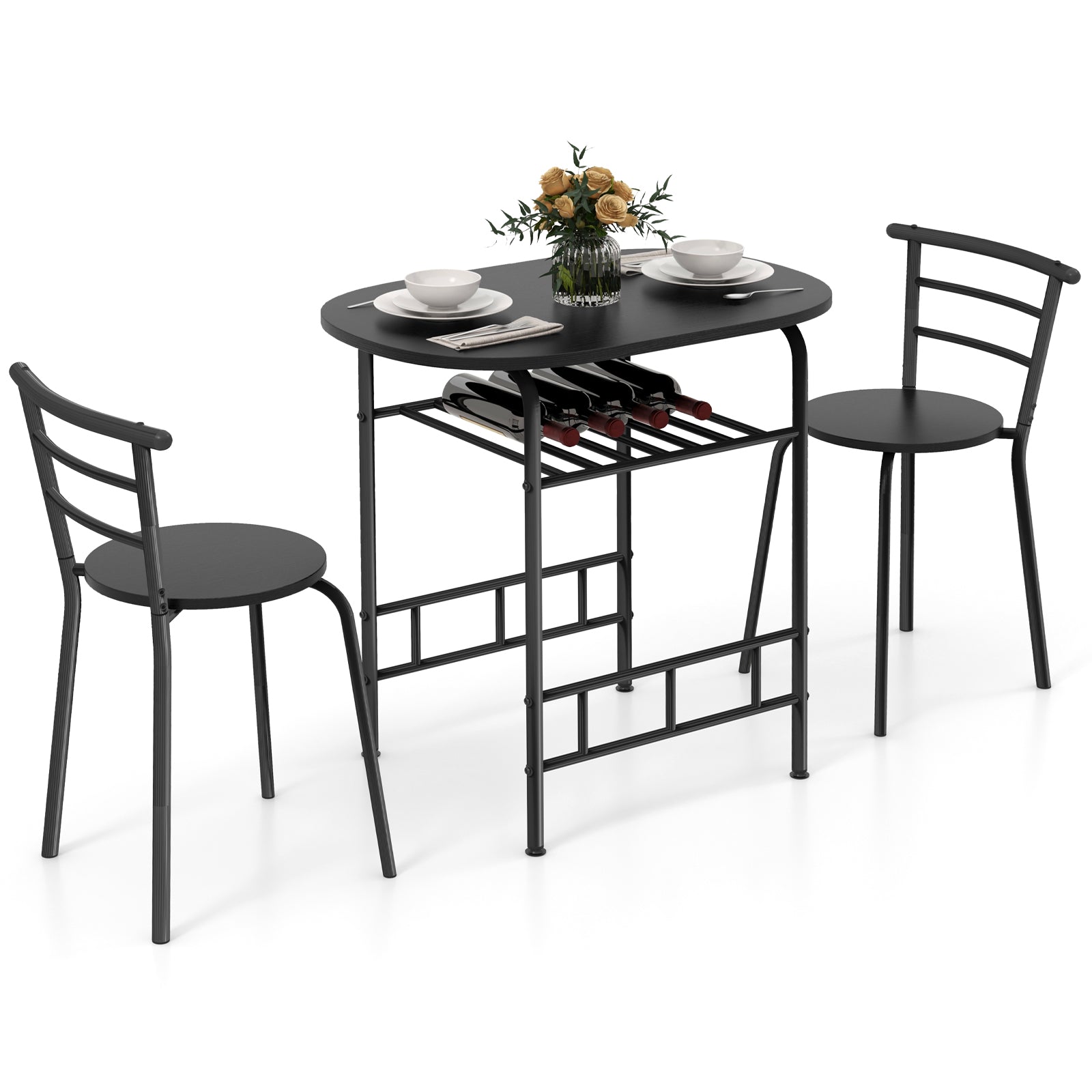 3-Piece Dining Table Set with Extra Wine Rack and Metal Frame-Black
