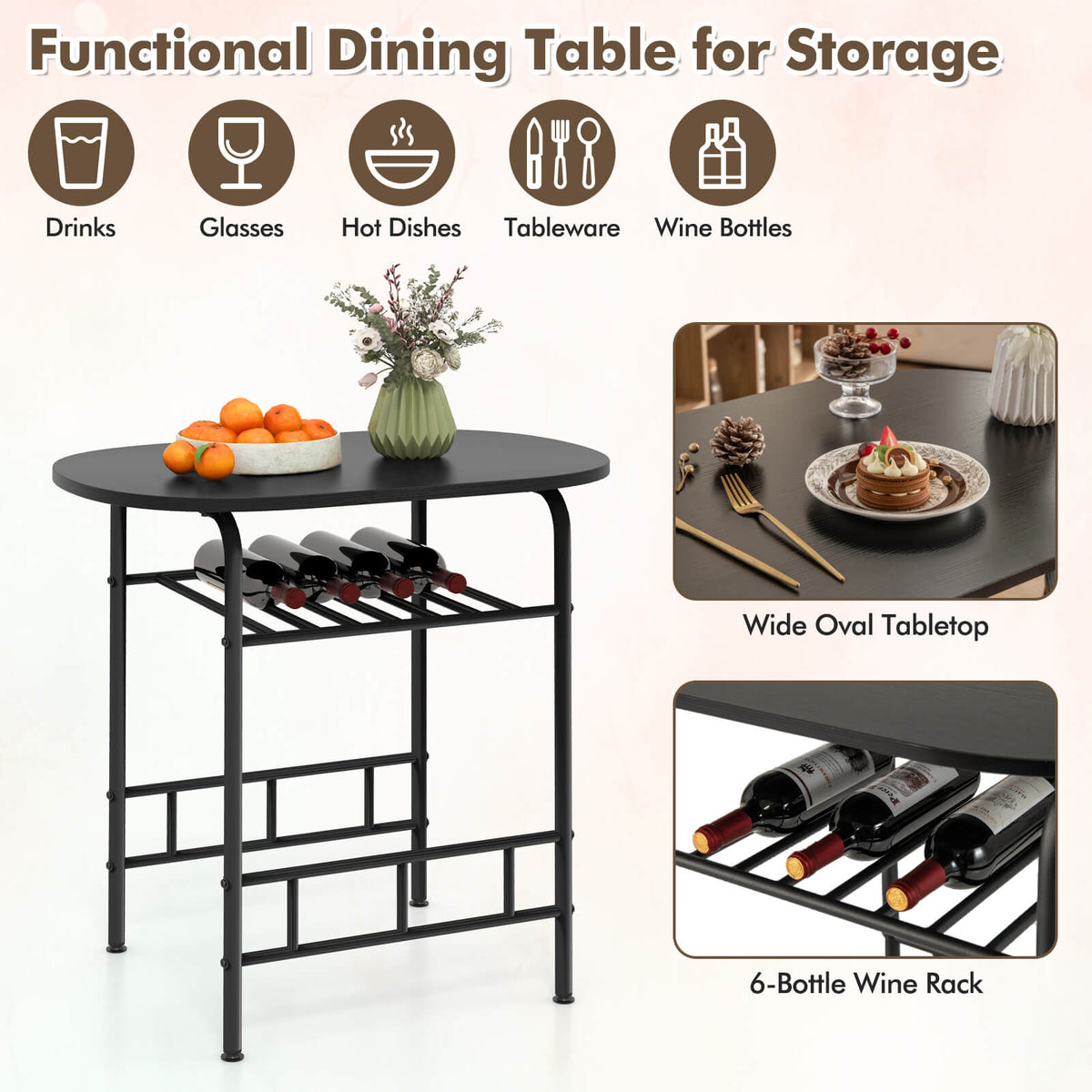 3-Piece Dining Table Set with Extra Wine Rack and Metal Frame-Black