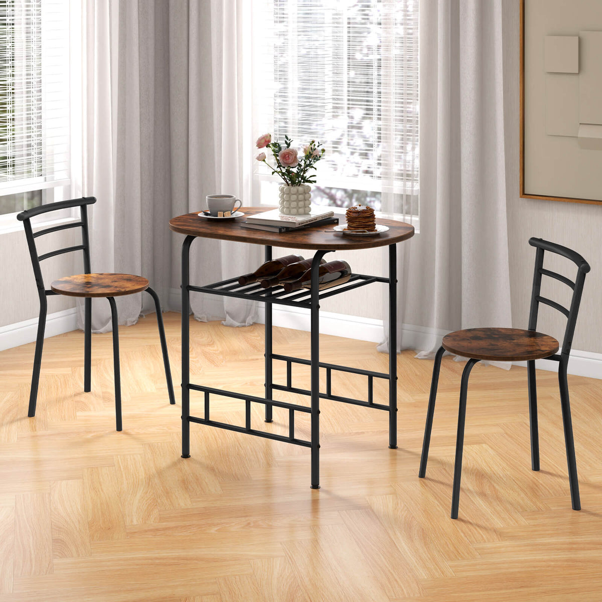 3-Piece Dining Table Set with Extra Wine Rack and Metal Frame-Rustic Brown