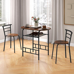 3-Piece Dining Table Set with Extra Wine Rack and Metal Frame-Rustic Brown