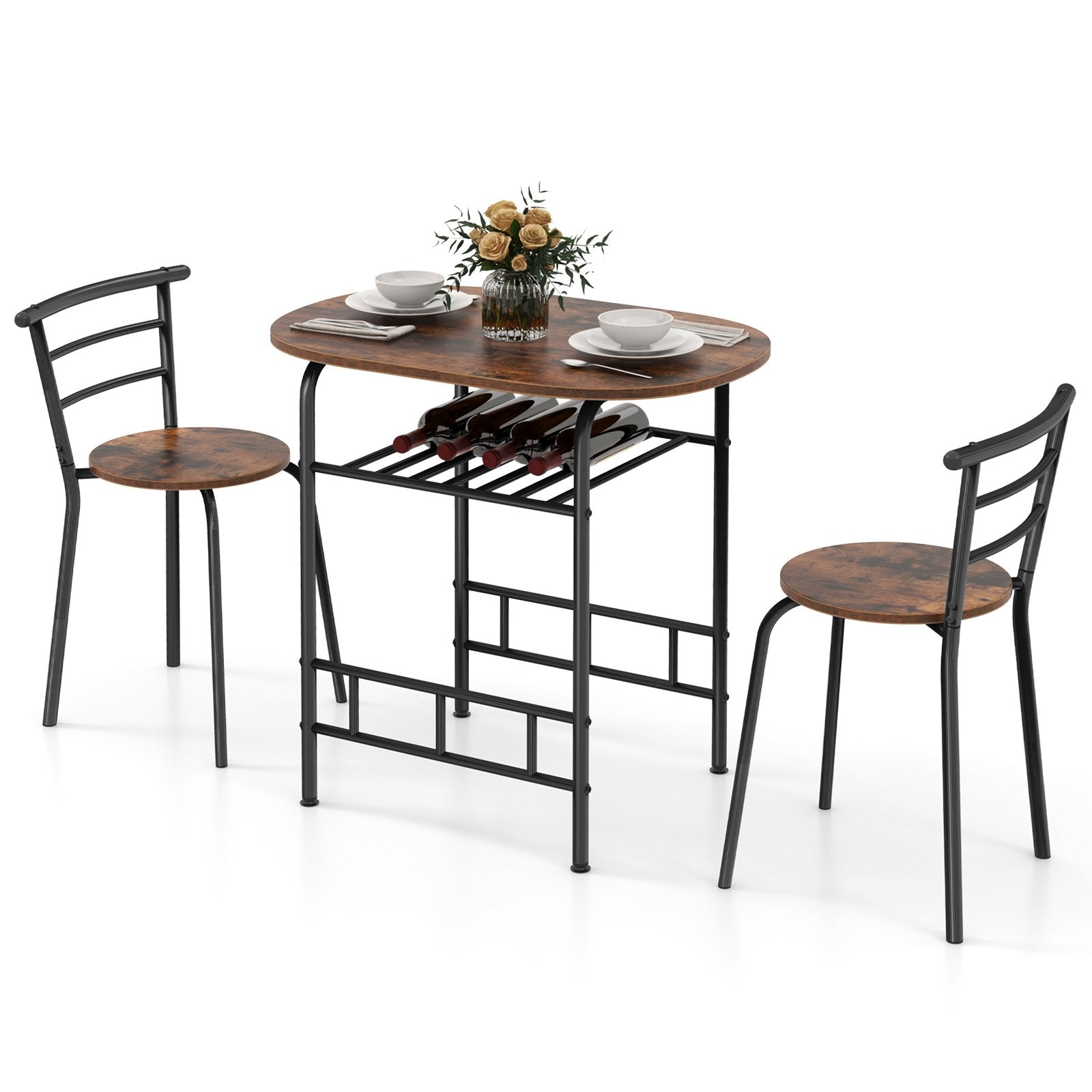 3-Piece Dining Table Set with Extra Wine Rack and Metal Frame-Rustic Brown