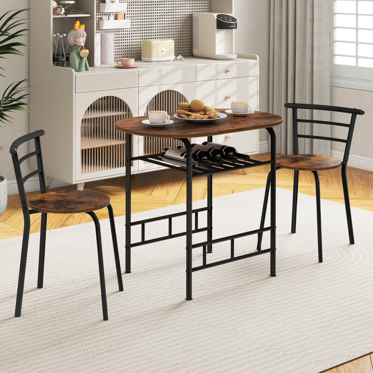 3-Piece Dining Table Set with Extra Wine Rack and Metal Frame-Rustic Brown
