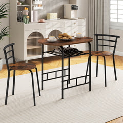 3-Piece Dining Table Set with Extra Wine Rack and Metal Frame-Rustic Brown