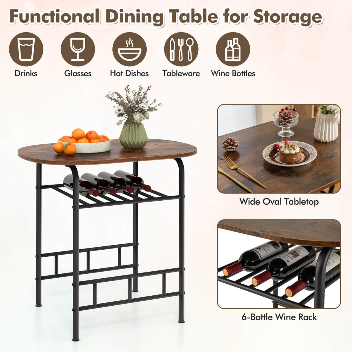 3-Piece Dining Table Set with Extra Wine Rack and Metal Frame-Rustic Brown