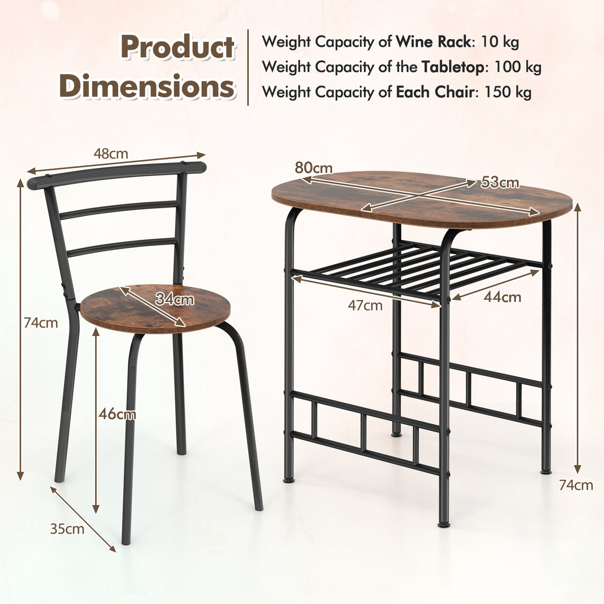 3-Piece Dining Table Set with Extra Wine Rack and Metal Frame-Rustic Brown