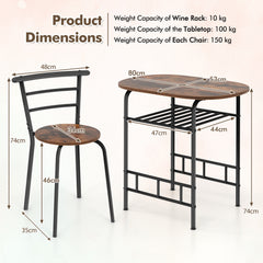 3-Piece Dining Table Set with Extra Wine Rack and Metal Frame-Rustic Brown