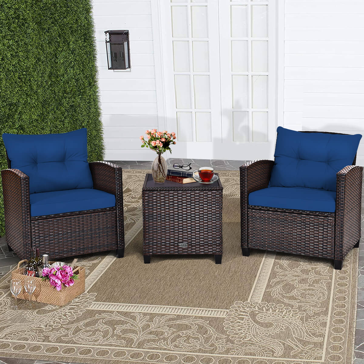 3 Piece Patio Rattan Furniture Set for Porch Balcony Garden Yard-Navy