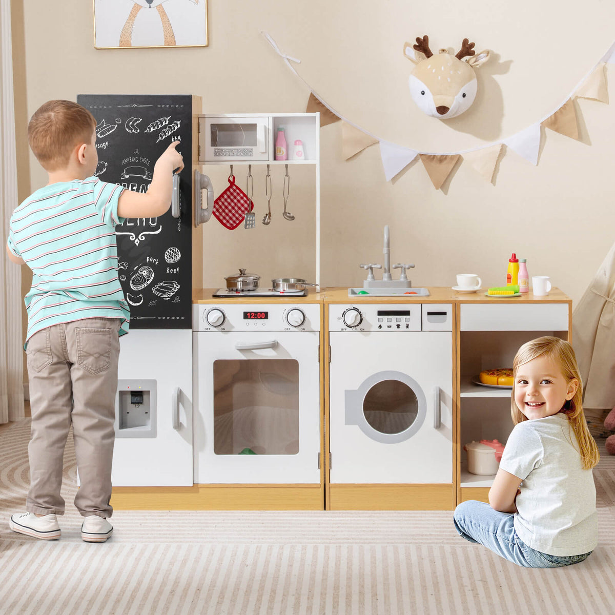 3-Piece Kids Play Kitchen Set with Realistic Sounds Lights and Blackboard-Natural