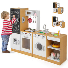 3-Piece Kids Play Kitchen Set with Realistic Sounds Lights and Blackboard-Natural