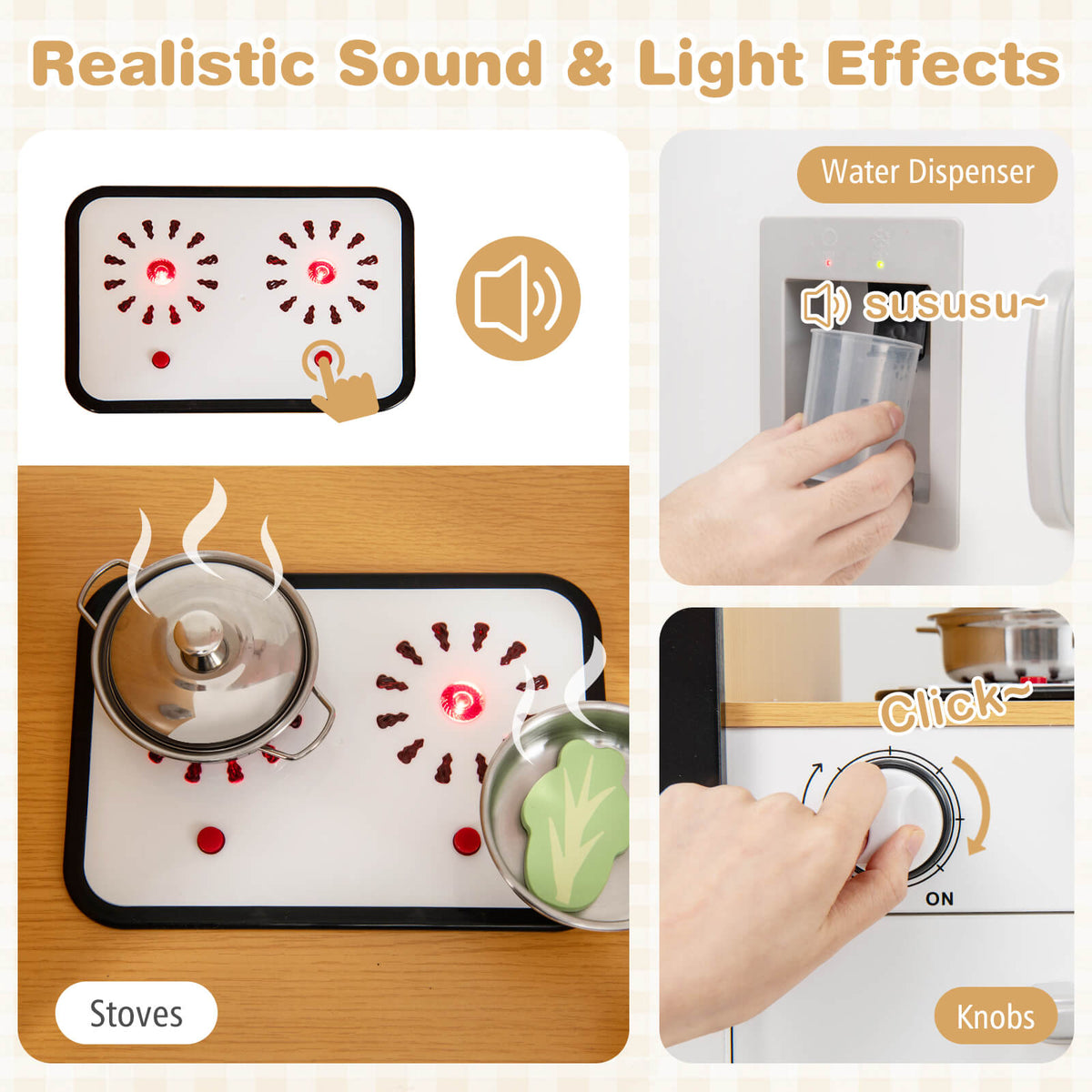 3-Piece Kids Play Kitchen Set with Realistic Sounds Lights and Blackboard-Natural