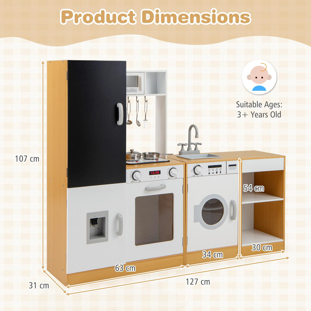 3-Piece Kids Play Kitchen Set with Realistic Sounds Lights and Blackboard-Natural