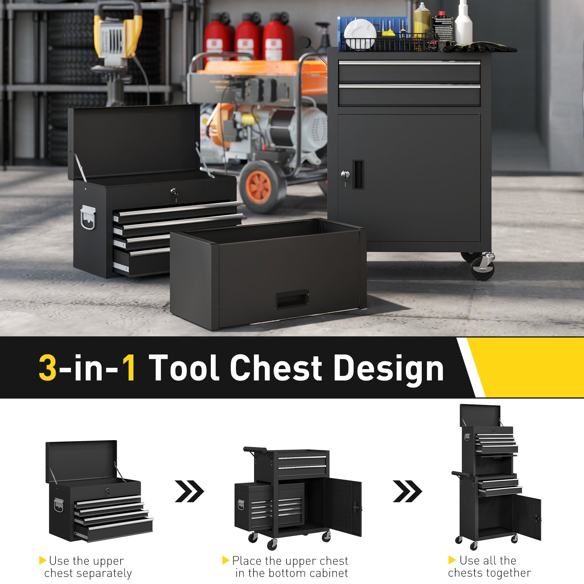 HOMCOM Three-Part Steel Locking Tool Chest - Black