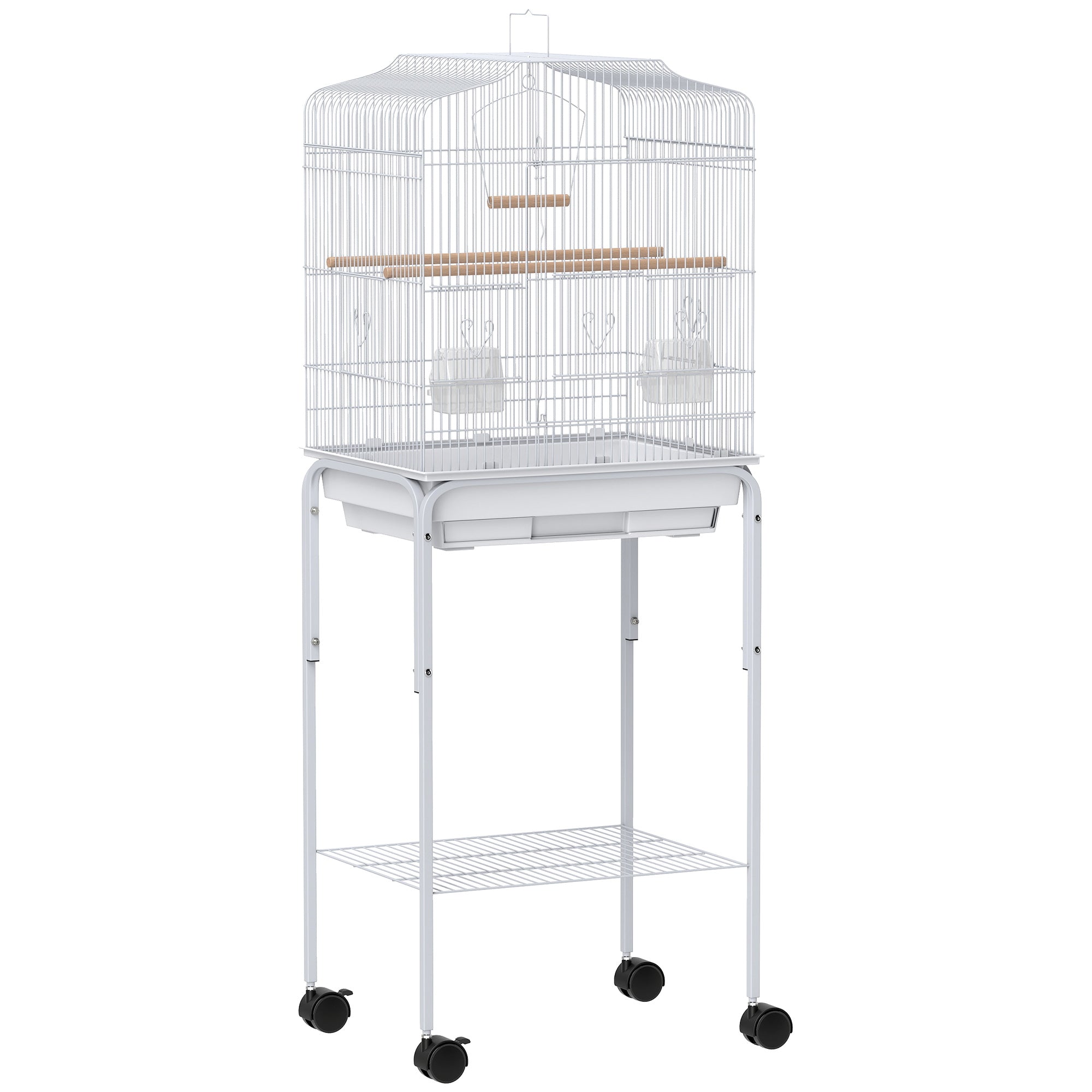 PawHut Bird Cage Budgie Cages for Finch Canary Parakeet with Stand Wheels Slide-out Tray Accessories Storage Shelf, White