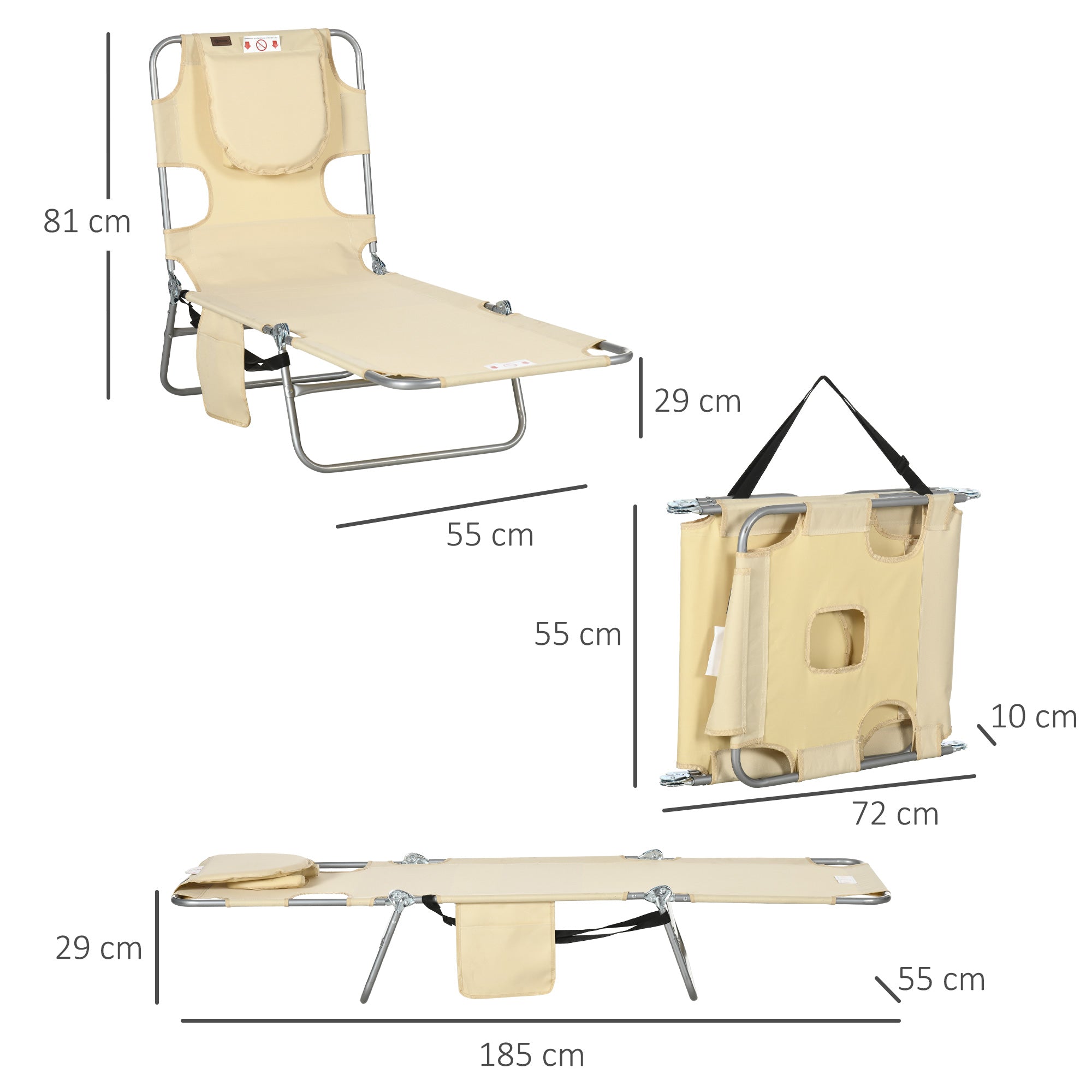 Outsunny Foldable Sun Lounger, Beach Chaise Lounge with Reading Hole, Arm Slots, 5-Position Adjustable Backrest, Side Pocket, Pillow for Garden, Beach, Pool, Beige