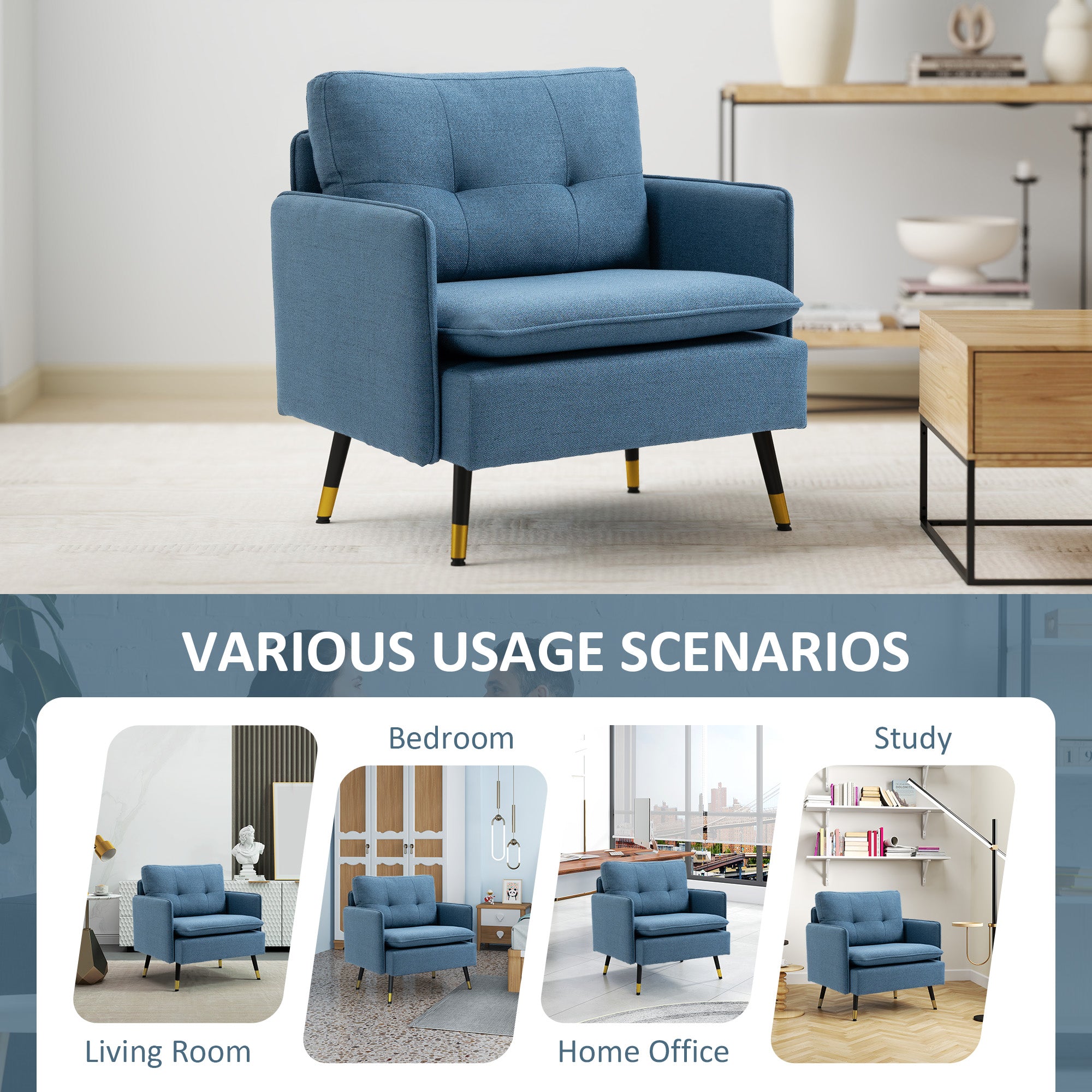 HOMCOM Modern One Seater Sofa, Button Tufted Armchair with Cushions and Steel Legs, Accent Chair for Living Room, Guest Room, Dark Blue